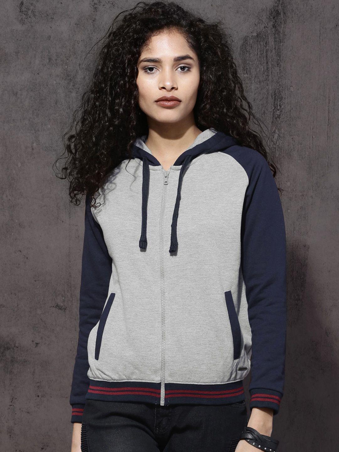 roadster women grey solid hooded sweatshirt