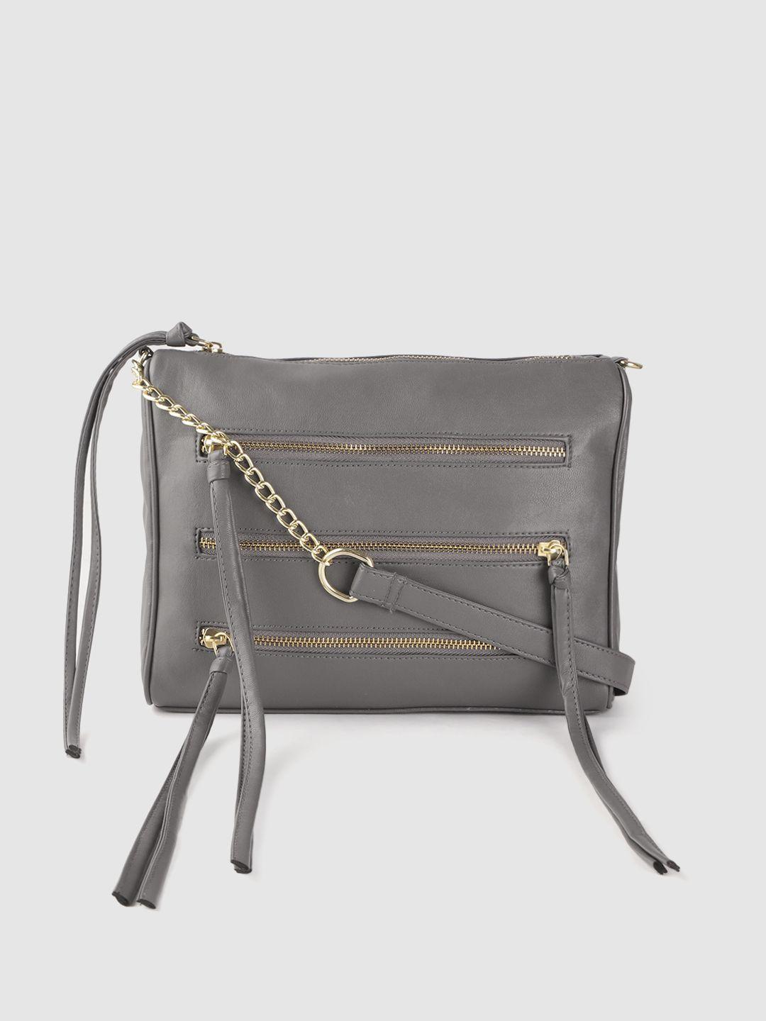 roadster women grey solid zip detail tasseled structured sling bag