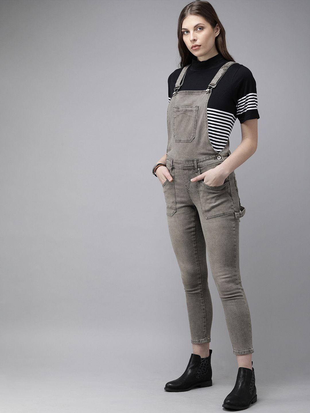 roadster women grey washed skinny fit cropped denim dungarees