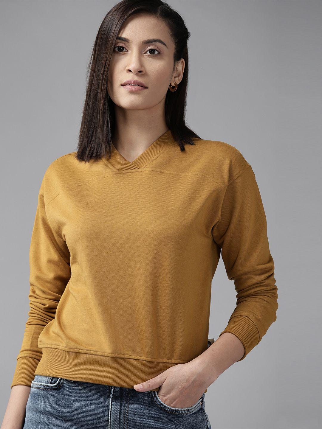 roadster women khaki solid v-neck sweatshirt