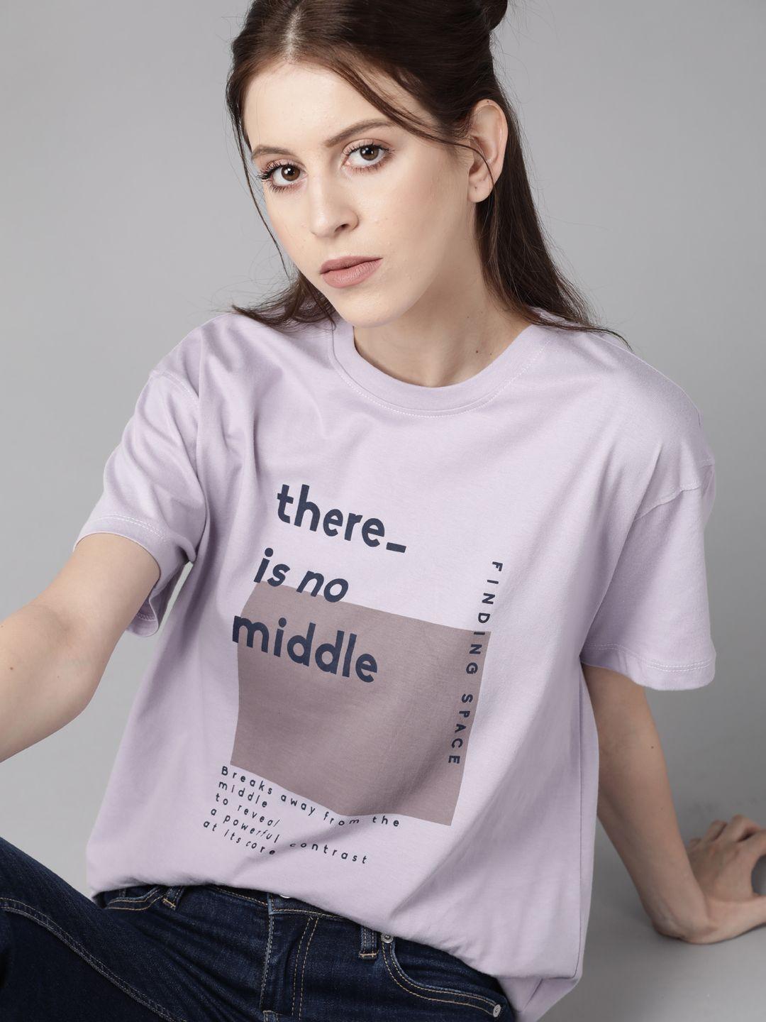 roadster women lavender & navy printed round neck t-shirt