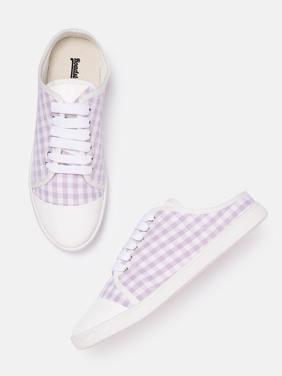 roadster women lavender & white checked mule sneakers