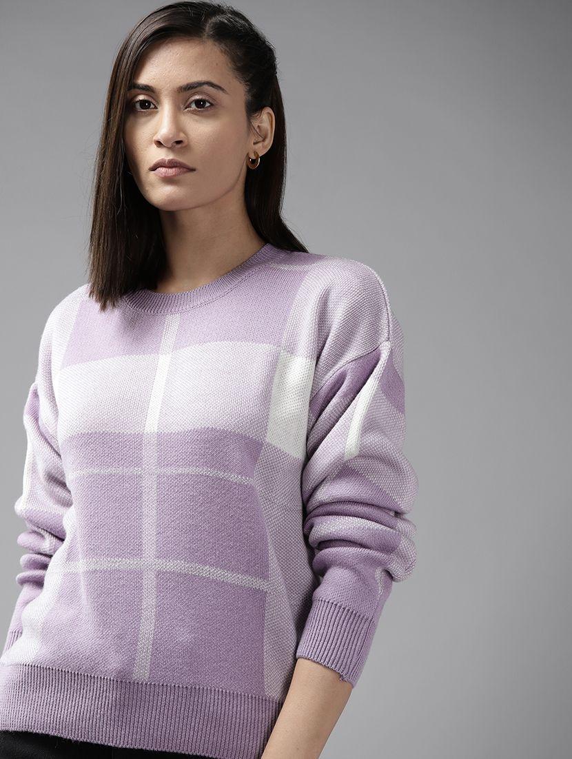 roadster women lavender & white checked pullover