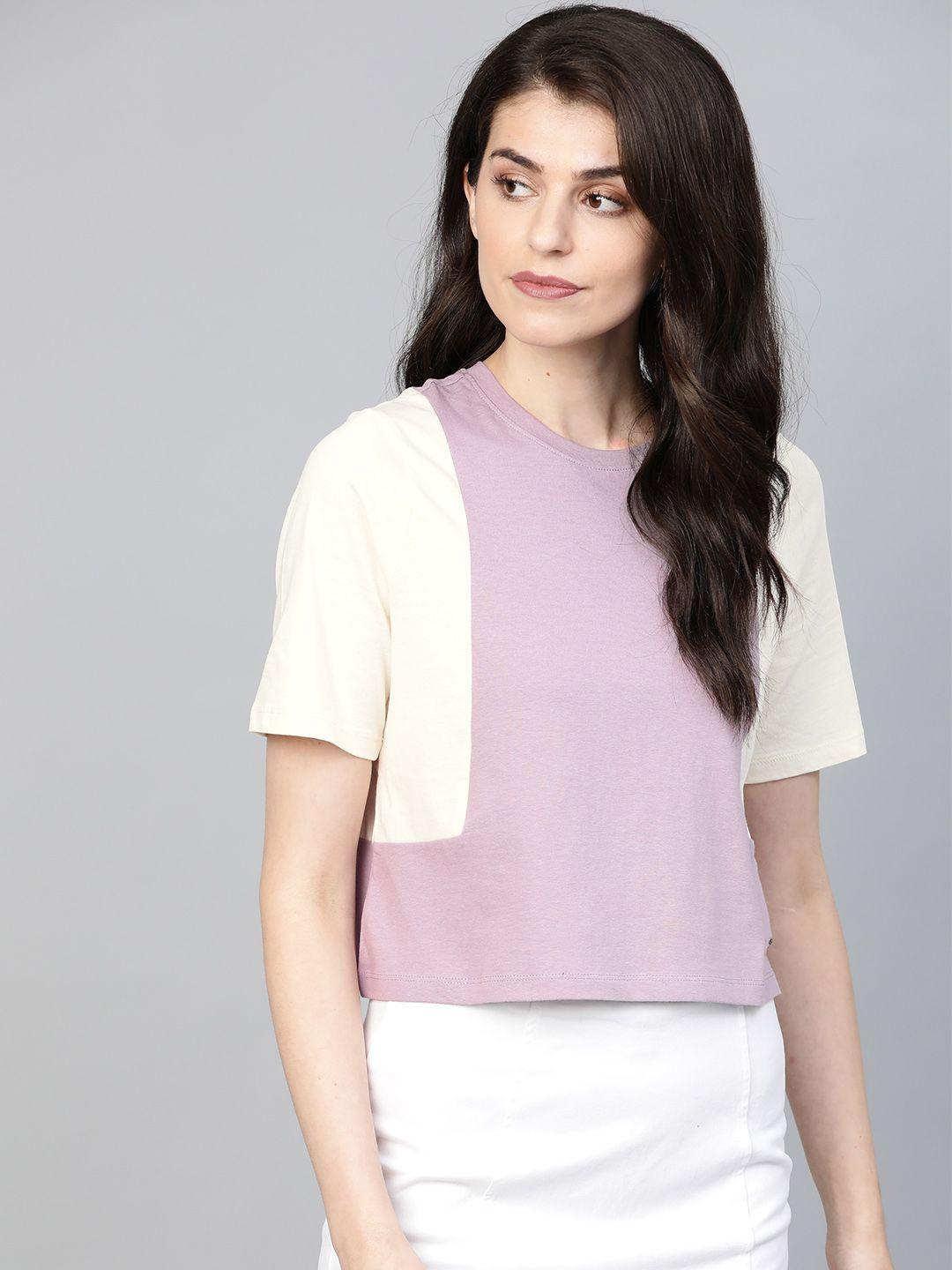 roadster women lavender & white colourblocked round neck t-shirt