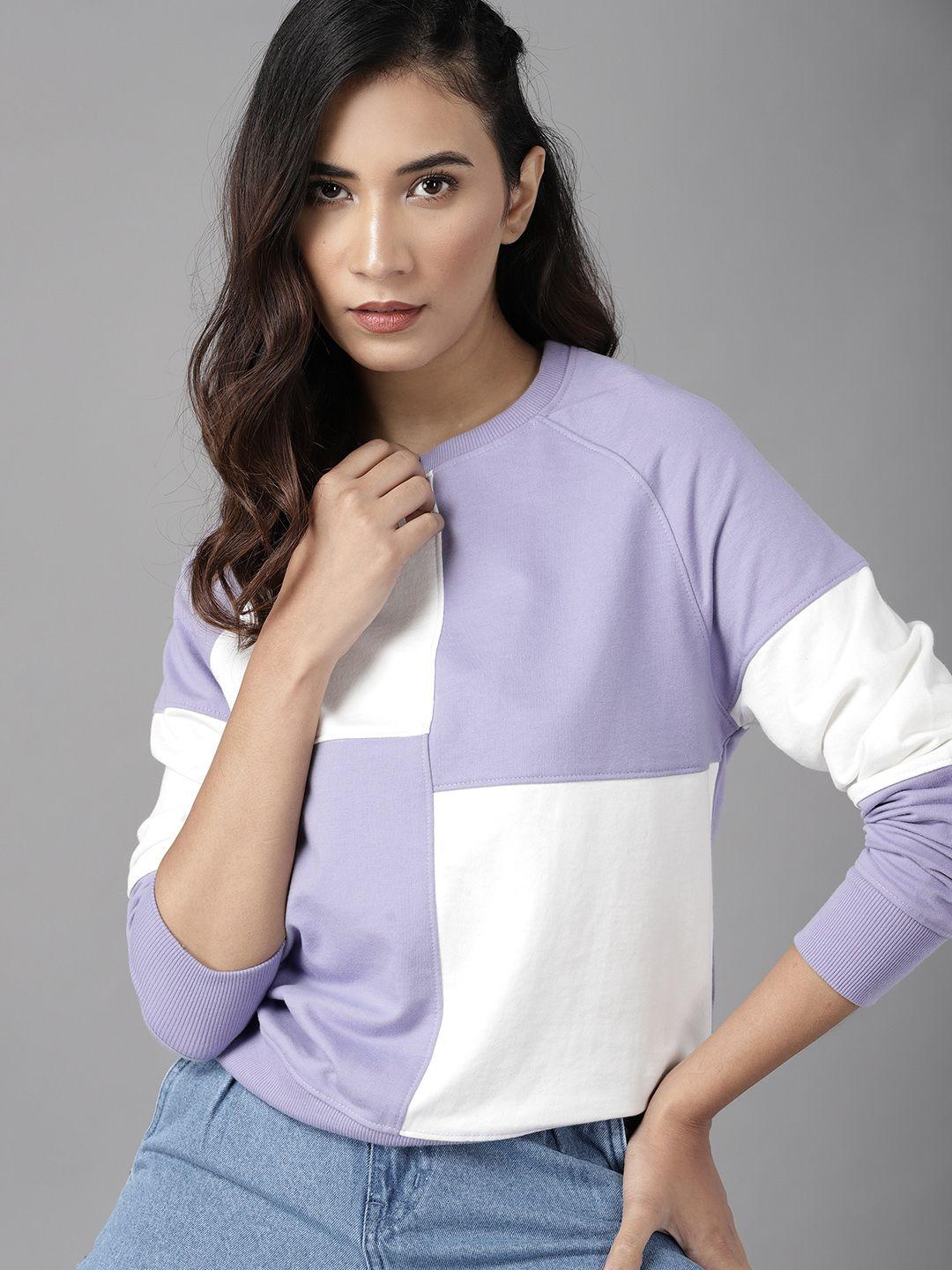 roadster women lavender & white colourblocked sweatshirt
