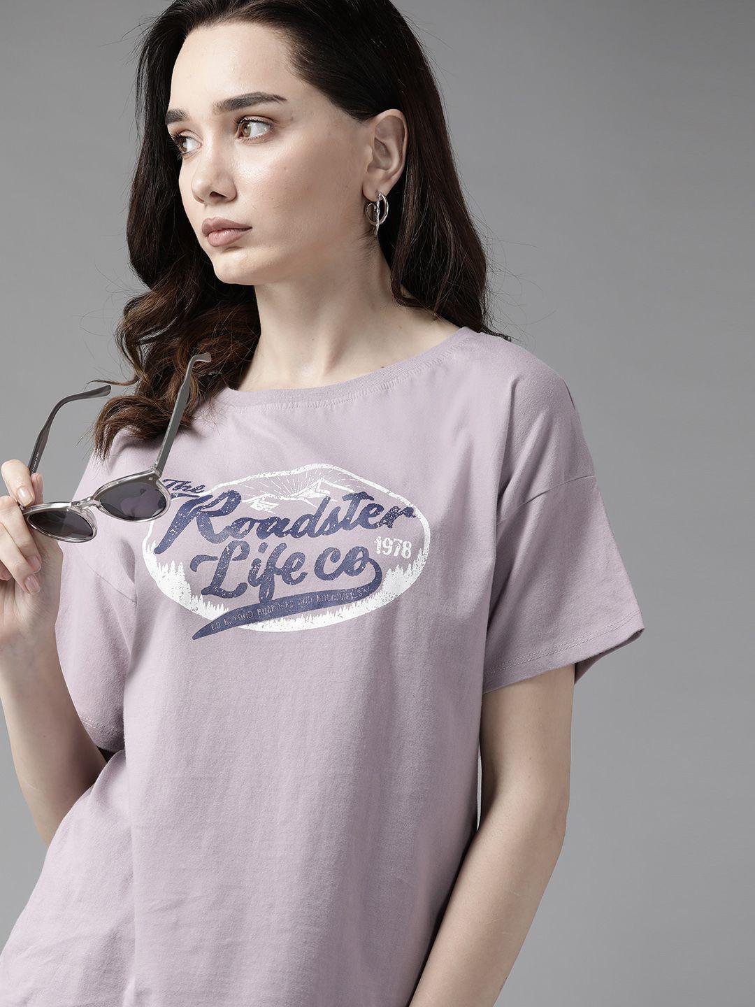 roadster women lavender brand logo printed pure cotton t-shirt