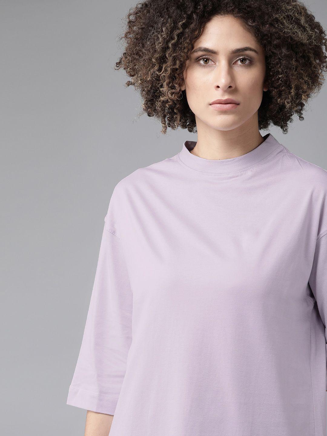 roadster women lavender high neck longline cotton pure cotton t-shirt