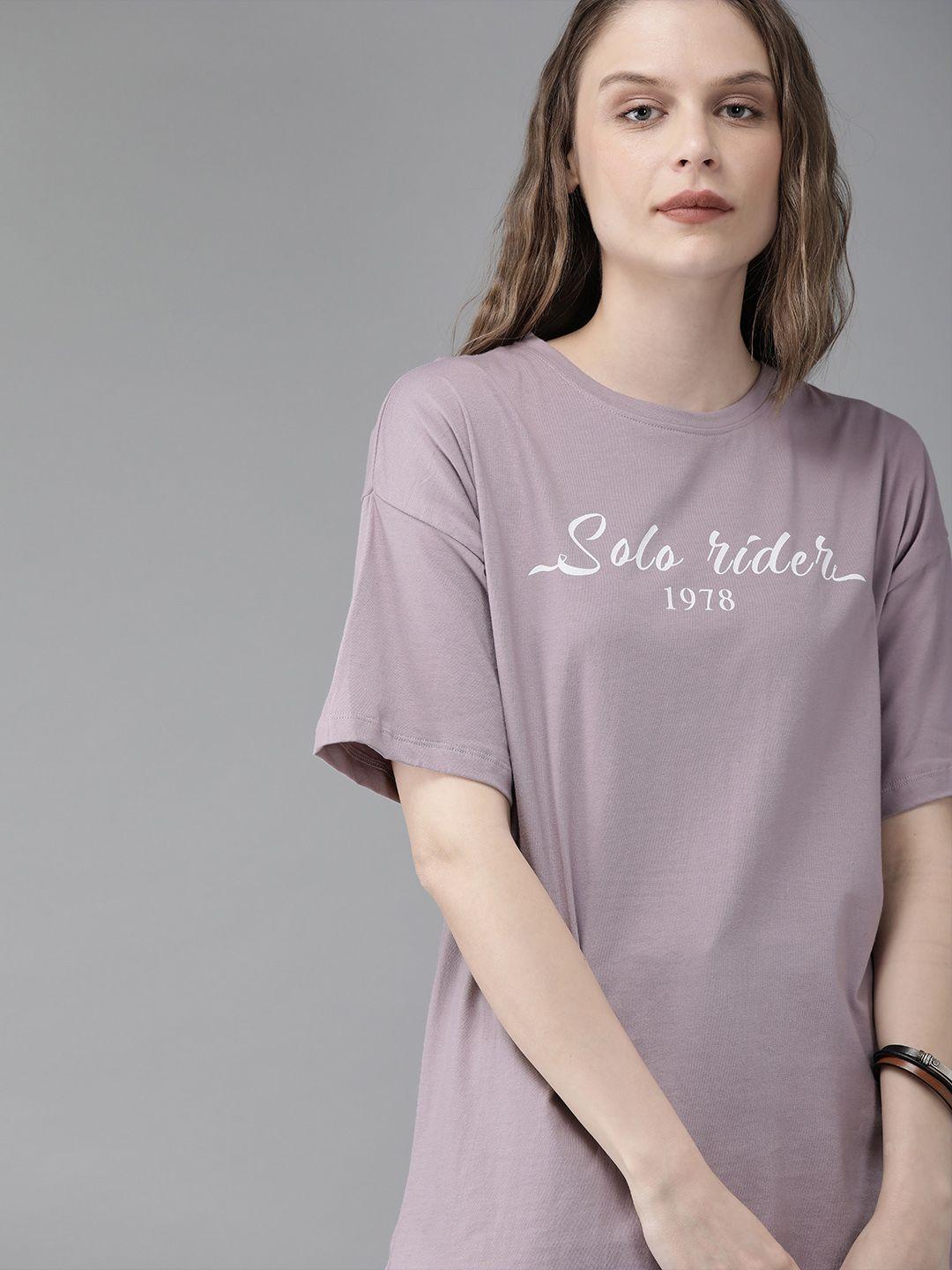 roadster women lavender printed round neck cotton longline t-shirt with printed detailing