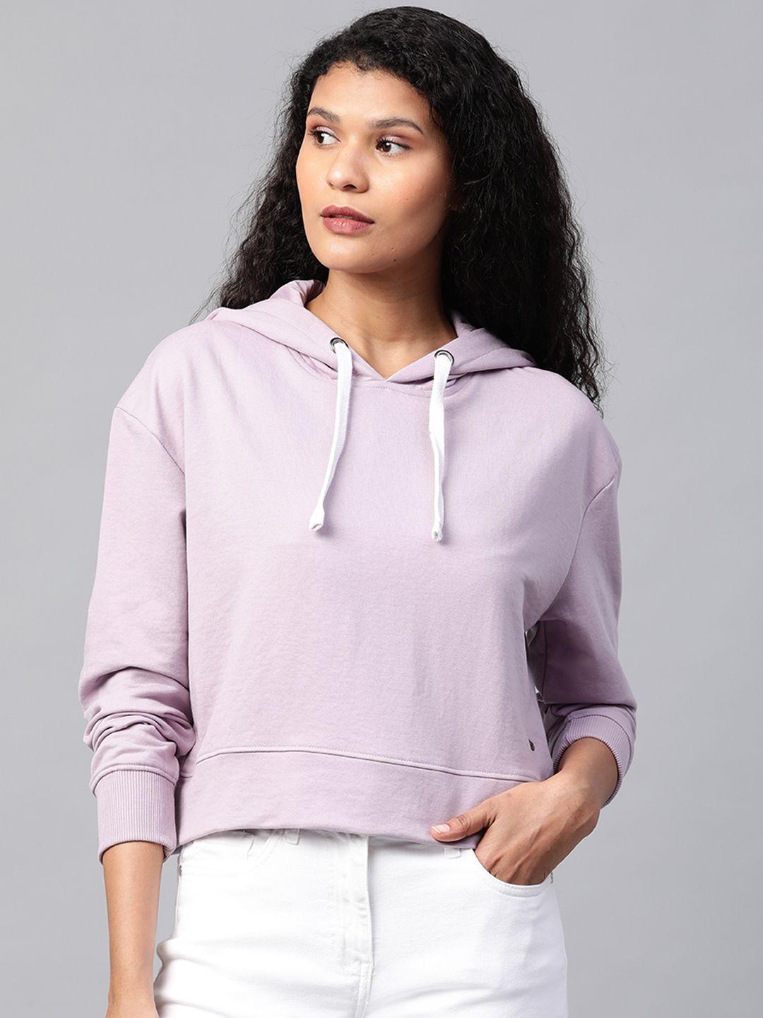 roadster women lavender solid boxy hooded sweatshirt