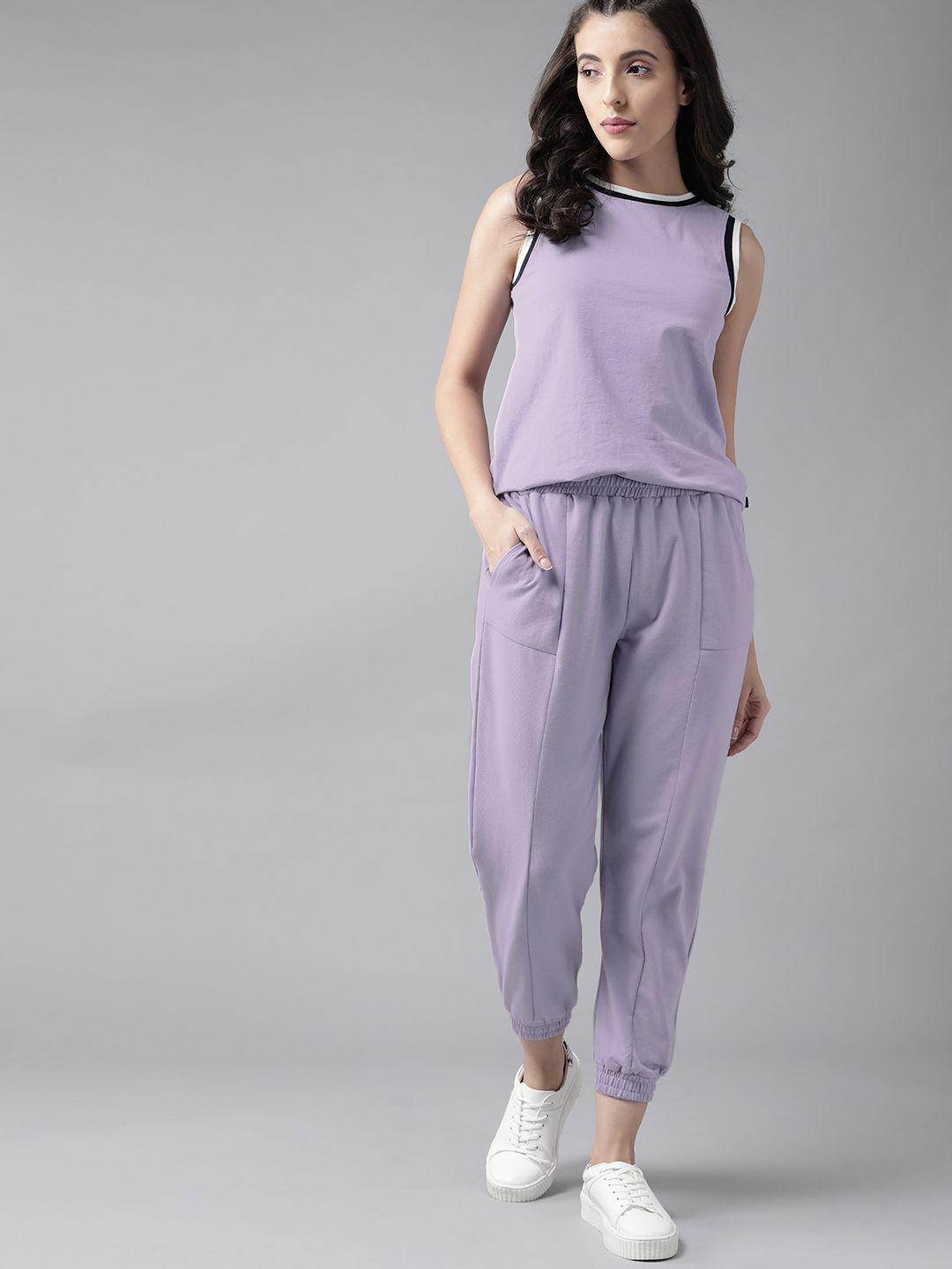 roadster women lavender solid pure cotton co-ords set