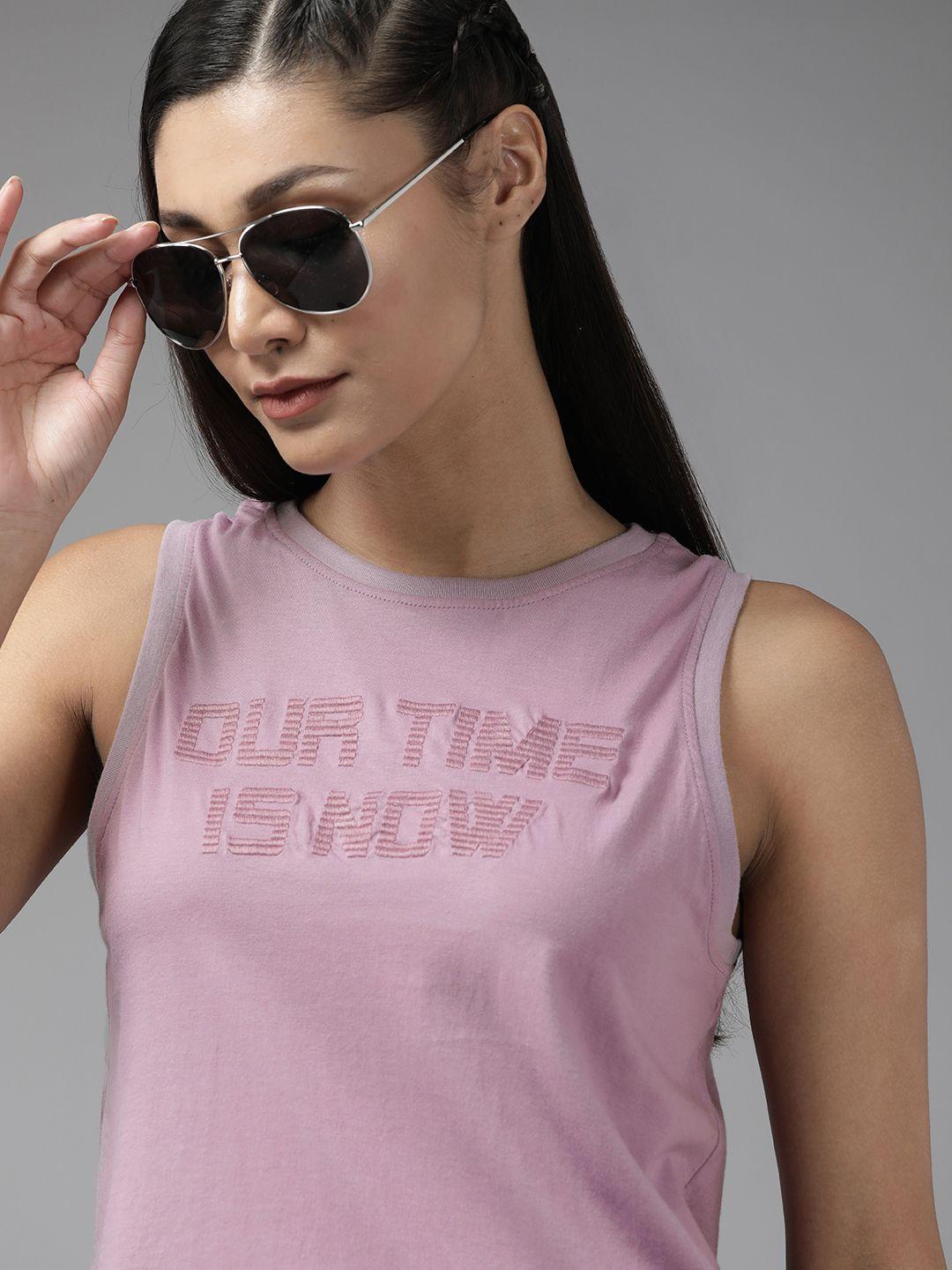 roadster women lavender typography self design pure cotton t-shirt