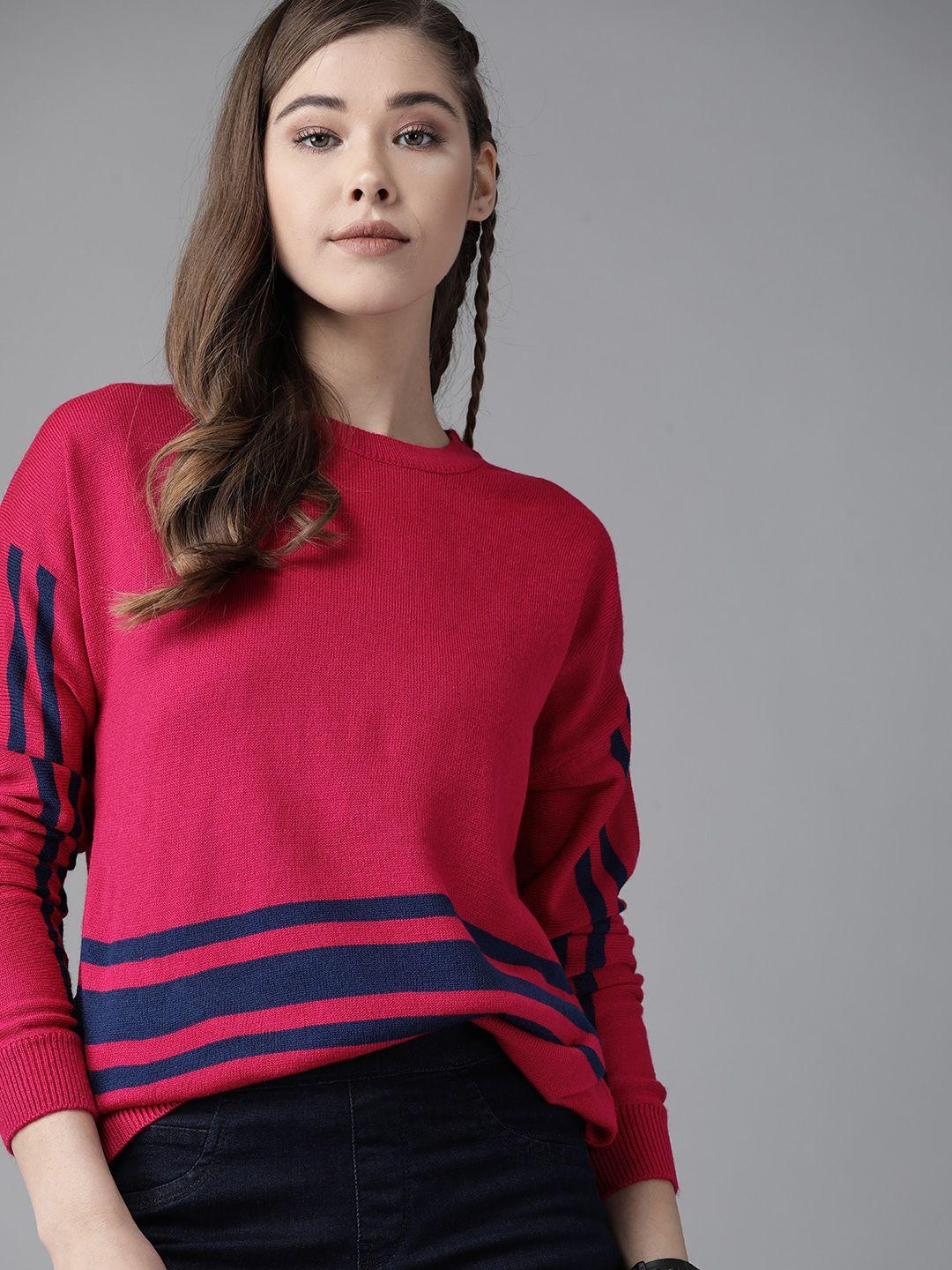 roadster women magenta & navy blue striped detail pullover sweater