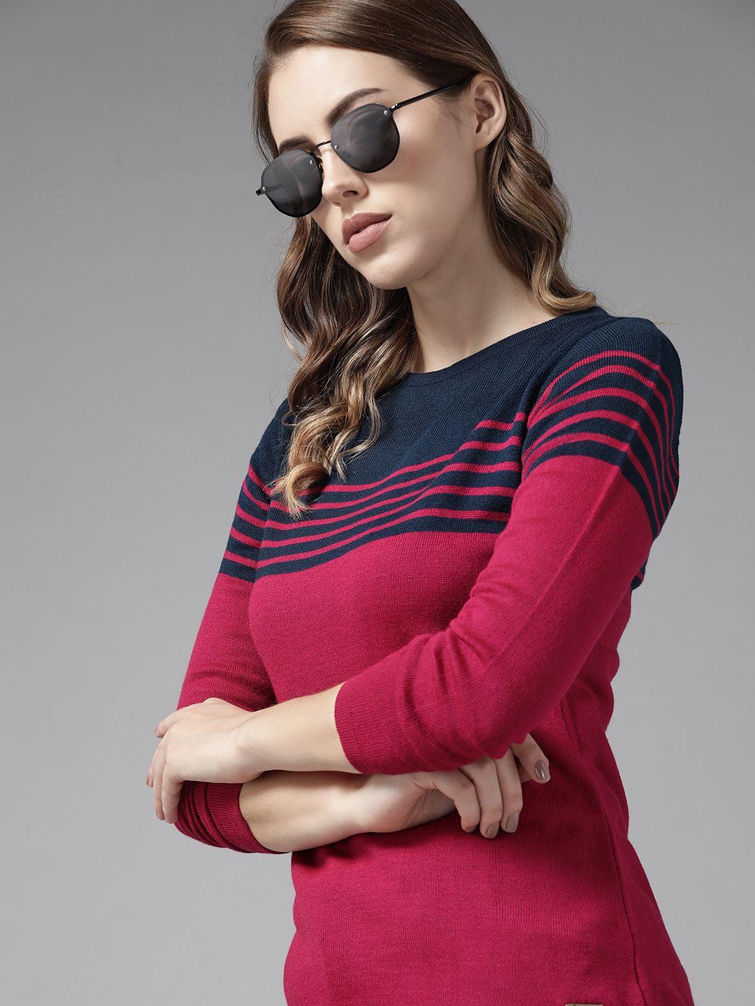 roadster women magenta & navy blue striped pullover