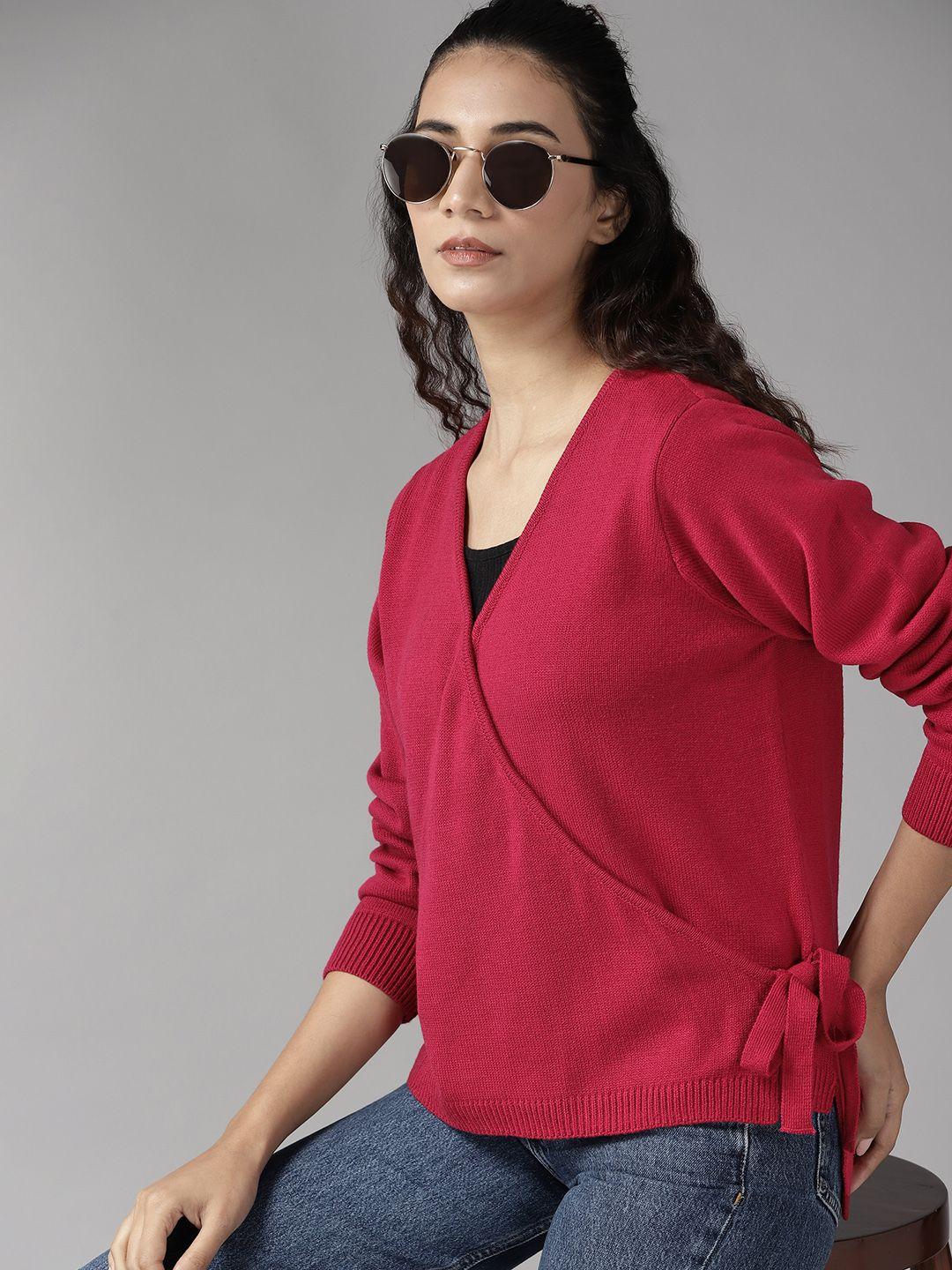 roadster women magenta solid wrap sweater