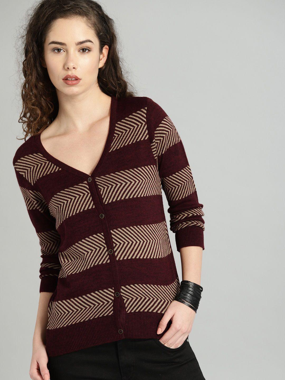 roadster women maroon & beige self design cardigan