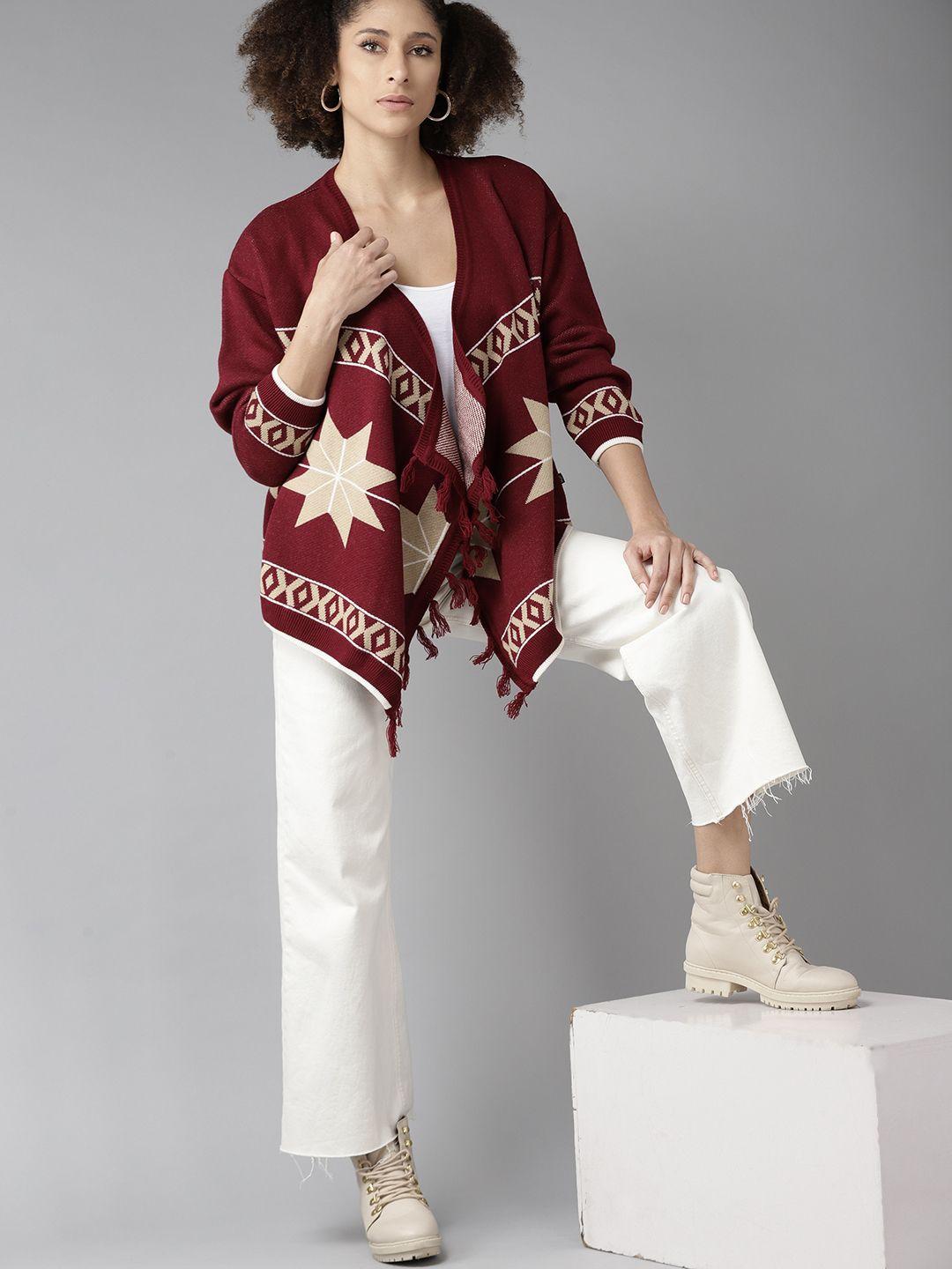 roadster women maroon & beige woven design front-open sweater