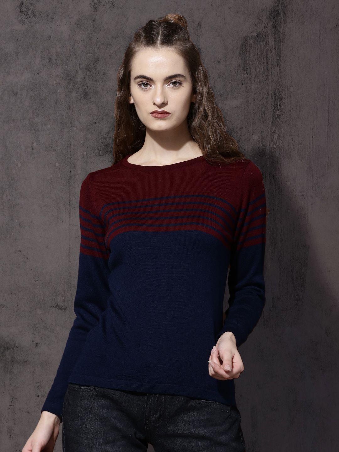 roadster women maroon & navy colourblocked pullover