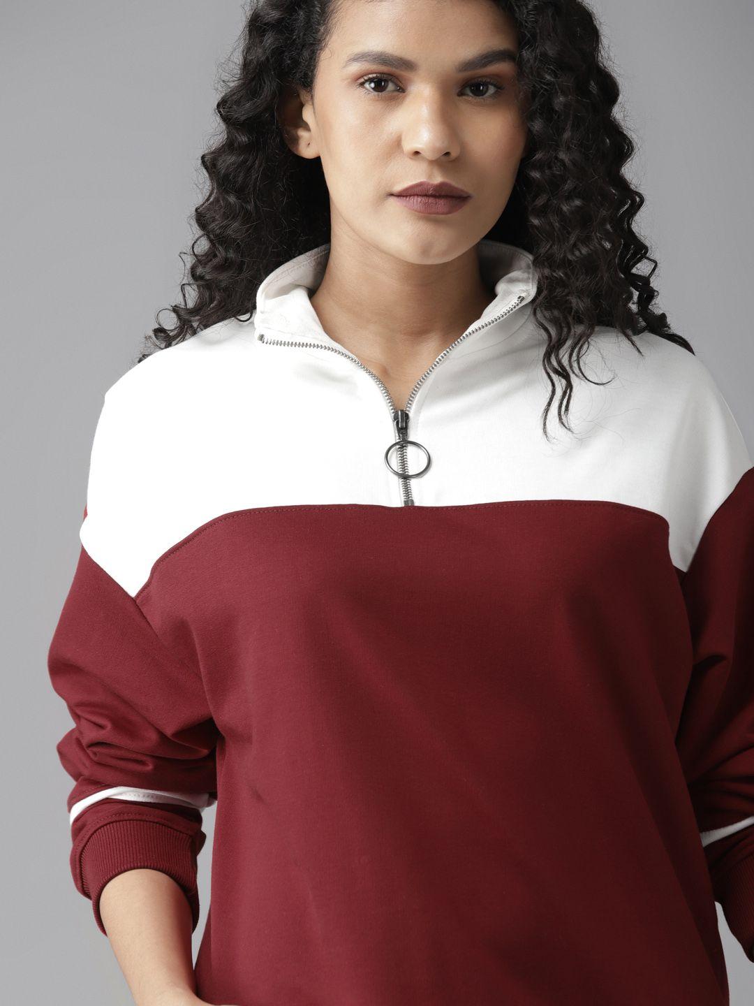 roadster women maroon & white colourblocked sweatshirt