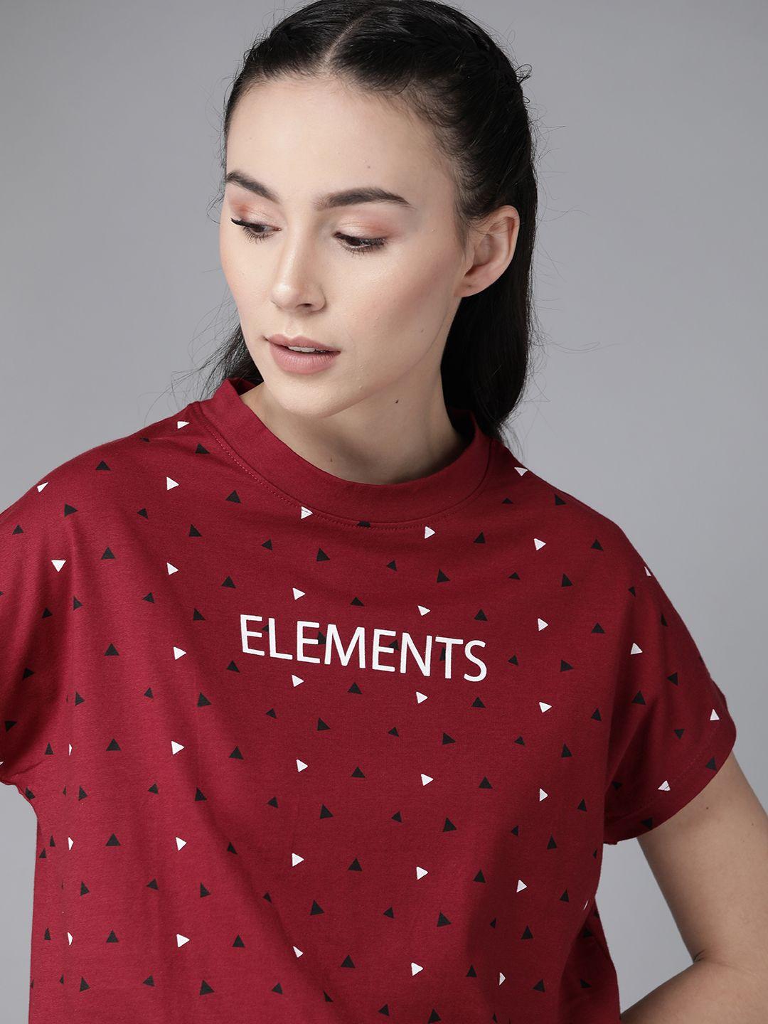 roadster women maroon  white geometric printed round neck pure cotton t-shirt