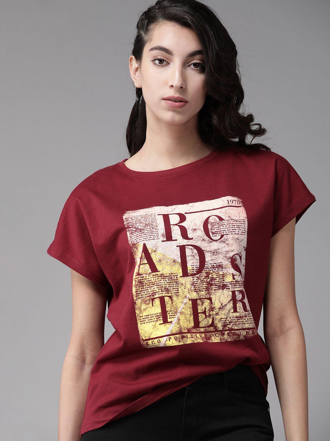 roadster women maroon  white printed round neck pure cotton t-shirt