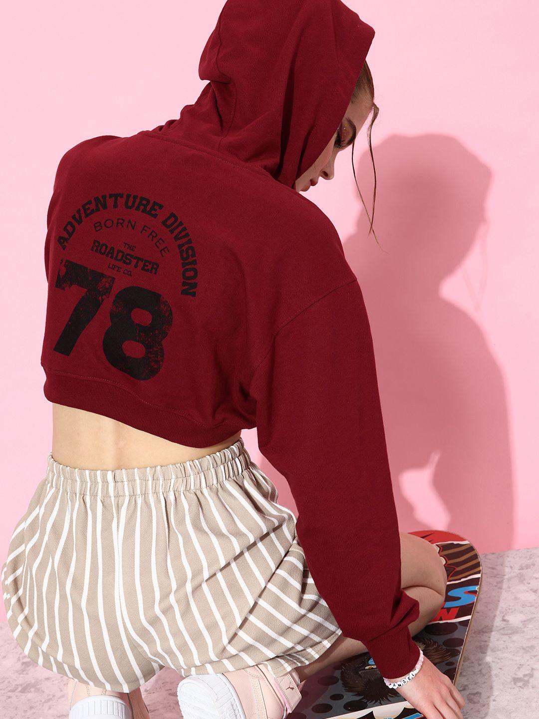 roadster women maroon printed hooded sweatshirt