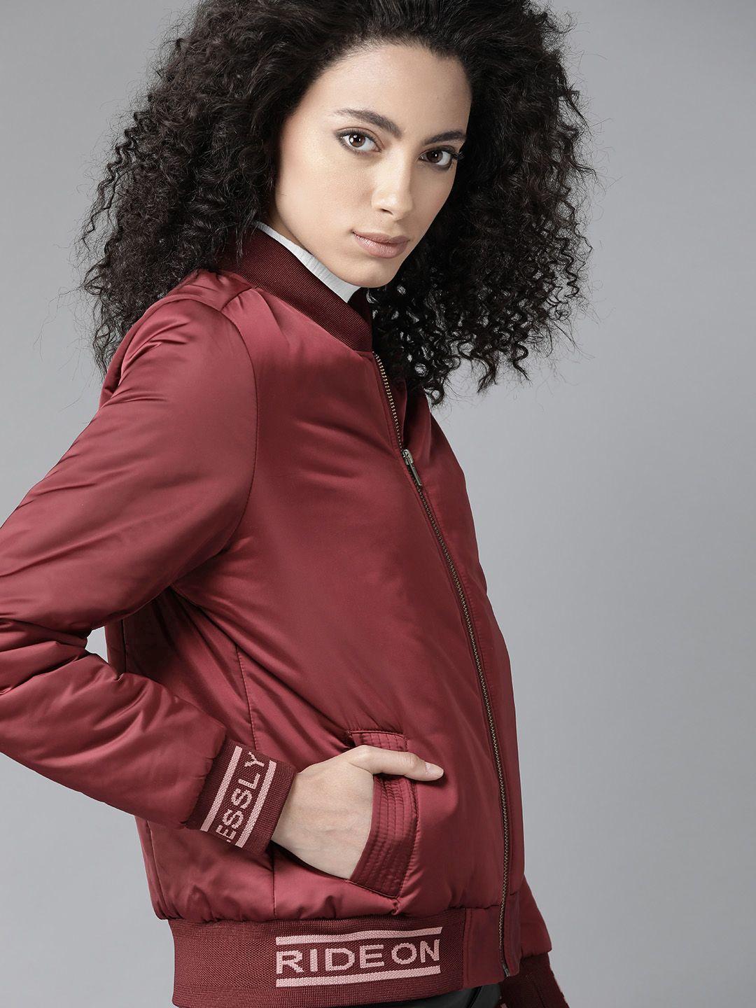 roadster women maroon solid bomber jacket