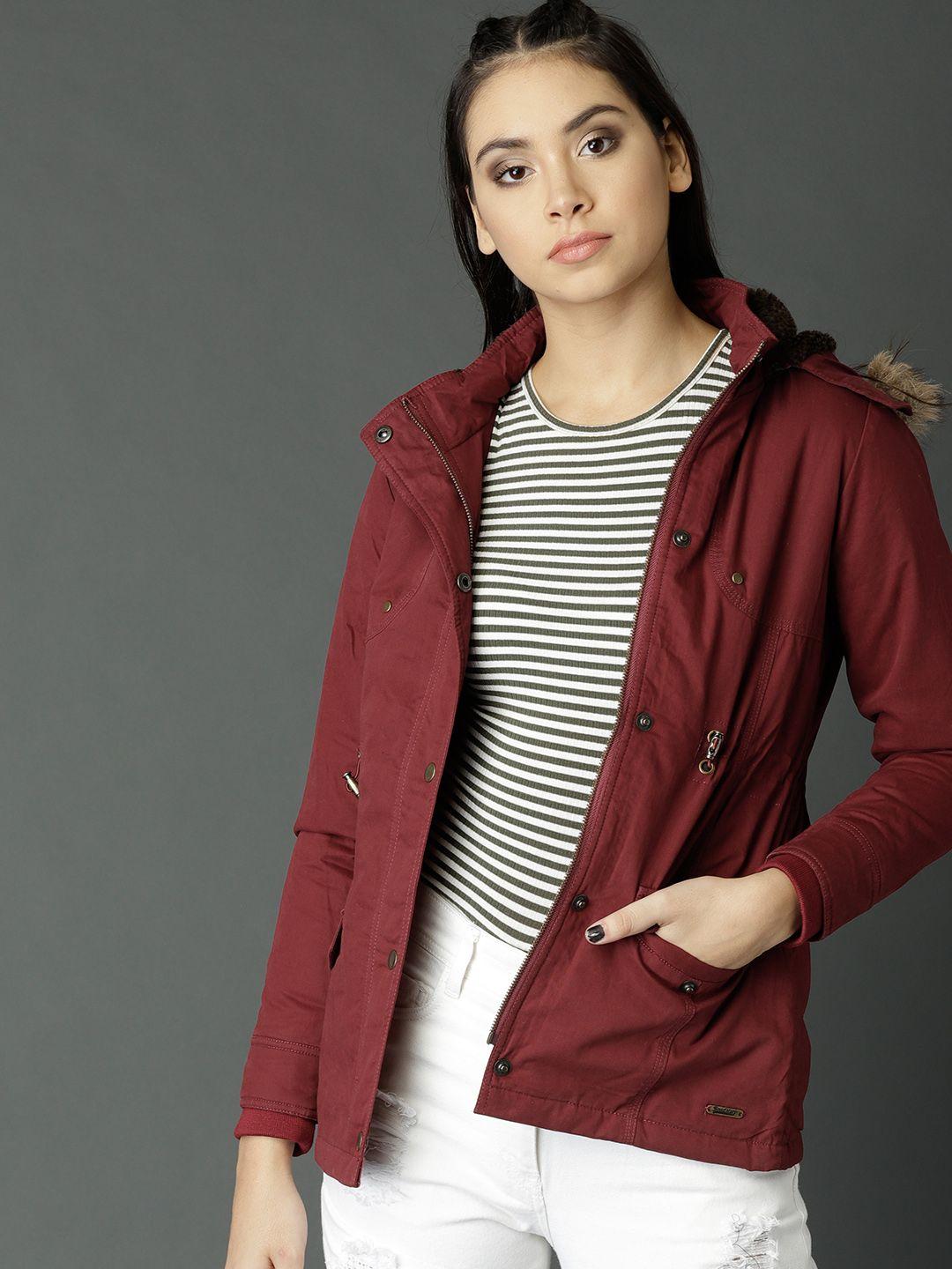 roadster women maroon solid hooded parka jacket