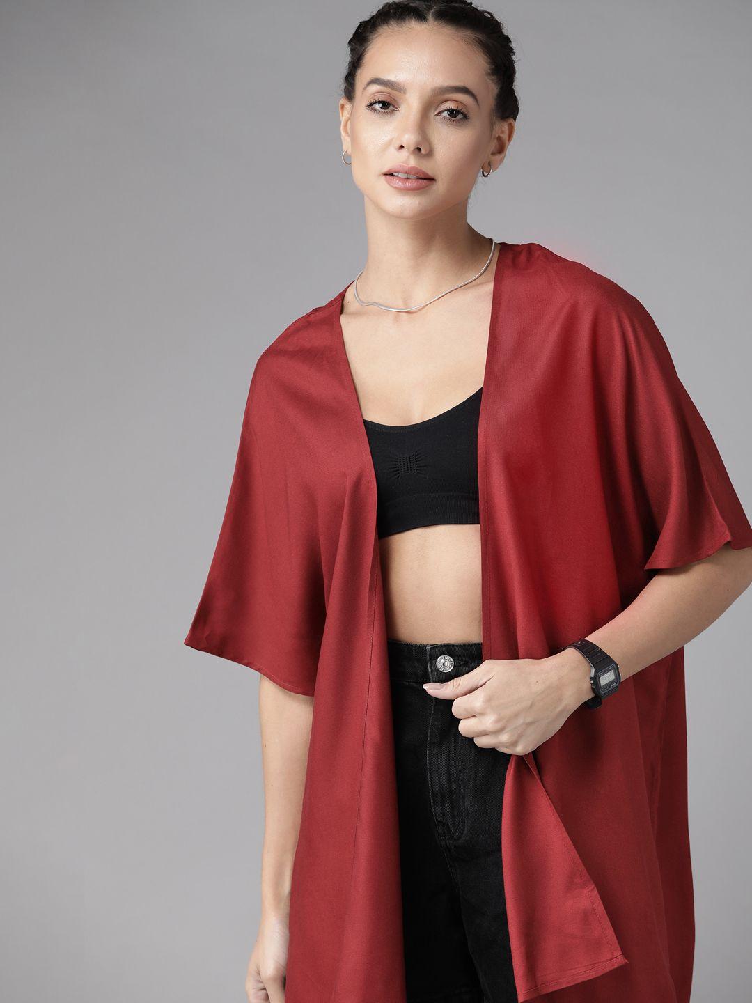 roadster women maroon solid longline shrug