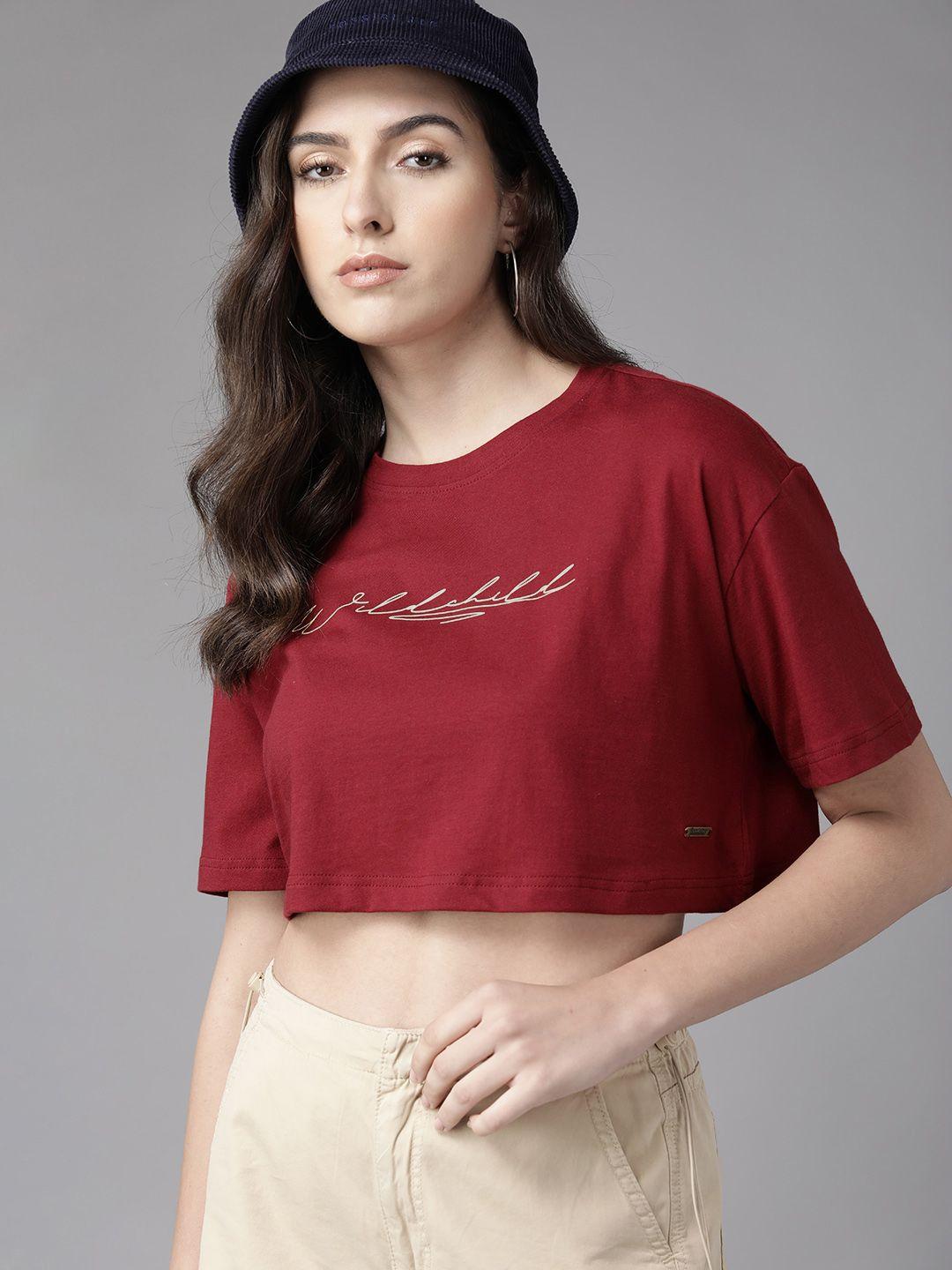 roadster women maroon typography cotton boxy t-shirt