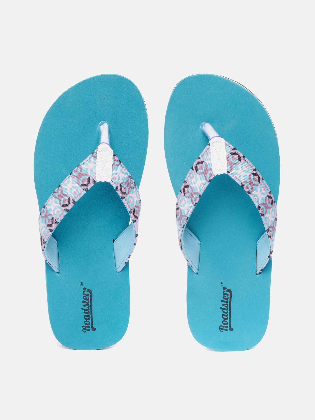 roadster women mauve & blue printed thong flip-flops