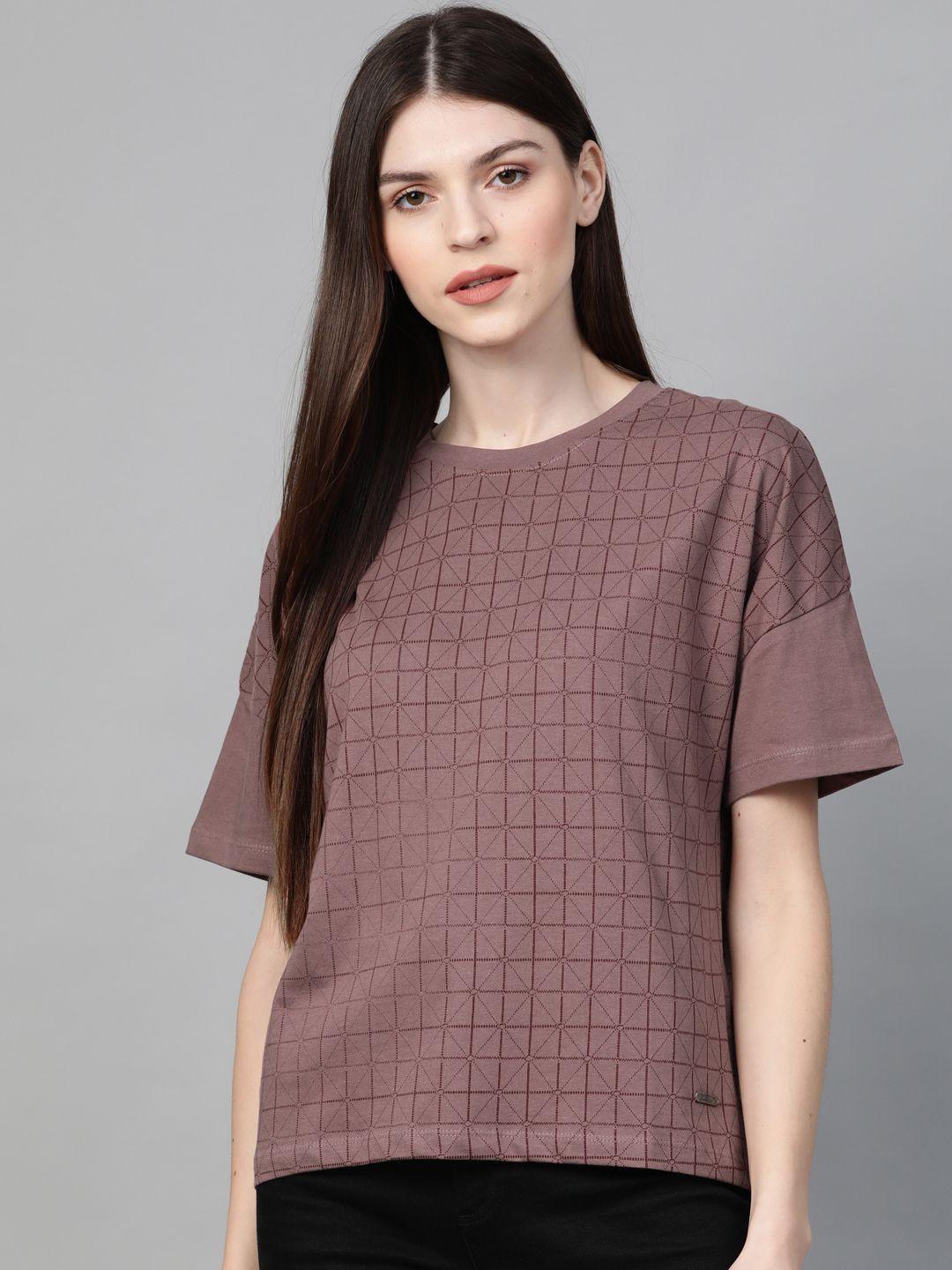 roadster women mauve & maroon printed round neck t-shirt