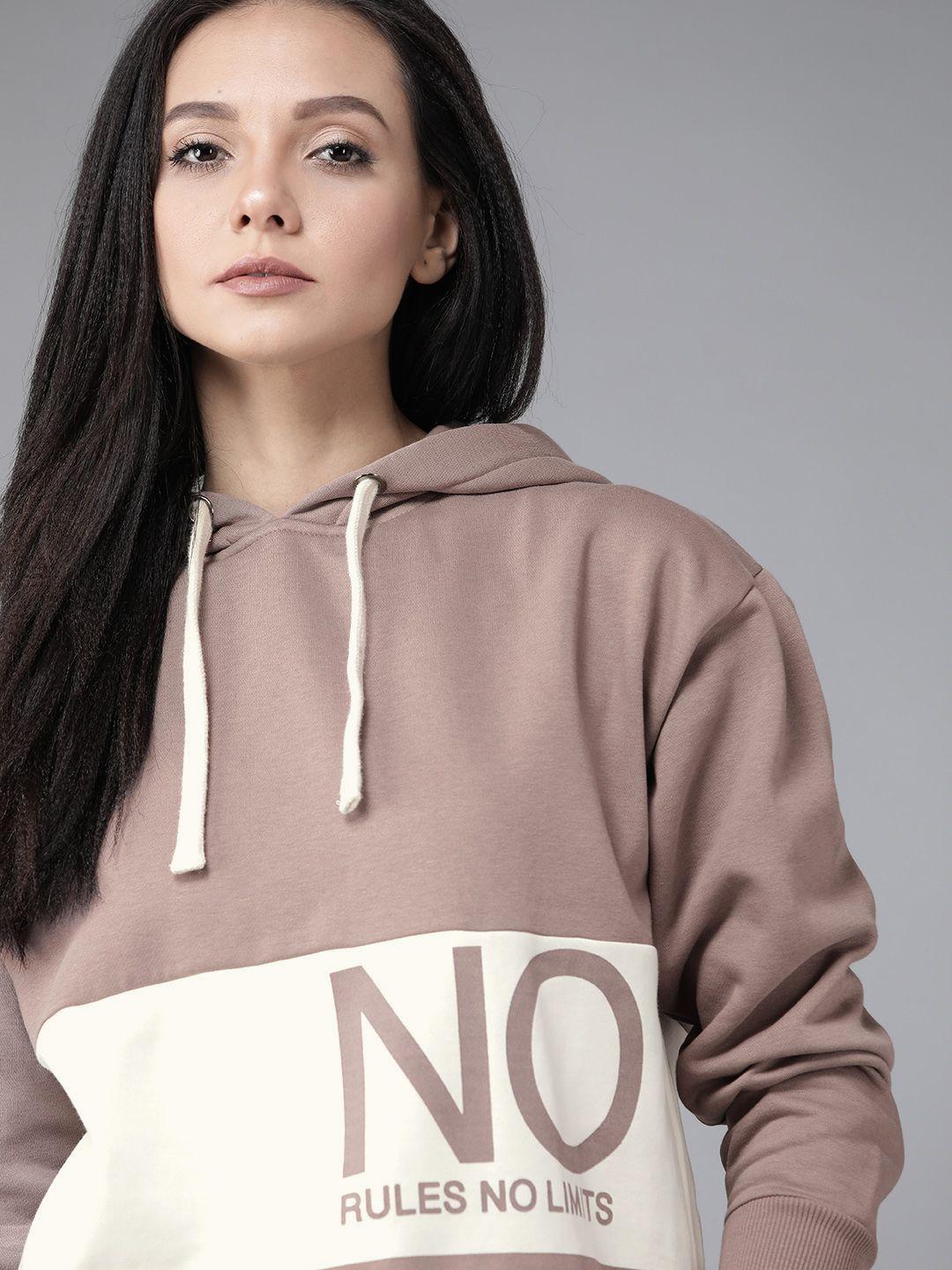 roadster women mauve & white printed hooded sweatshirt