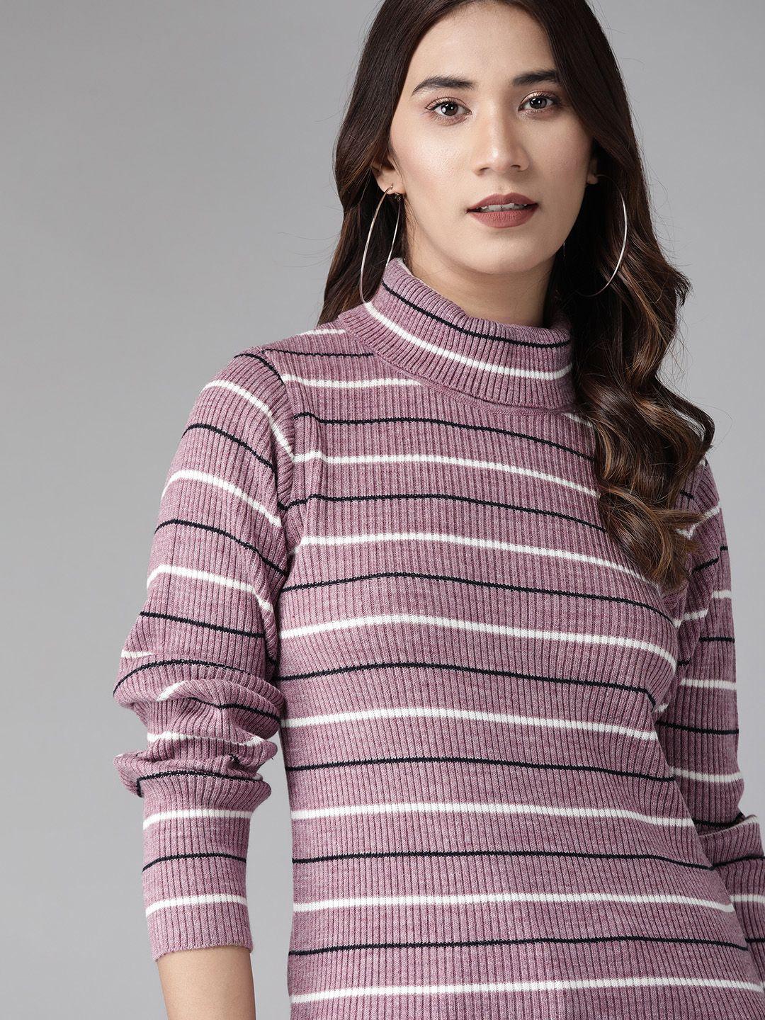 roadster women mauve & white striped pullover sweater