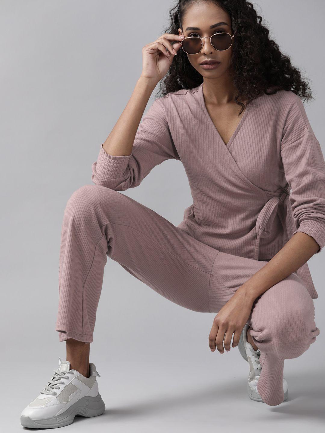 roadster women mauve ribbed wrap top with trousers