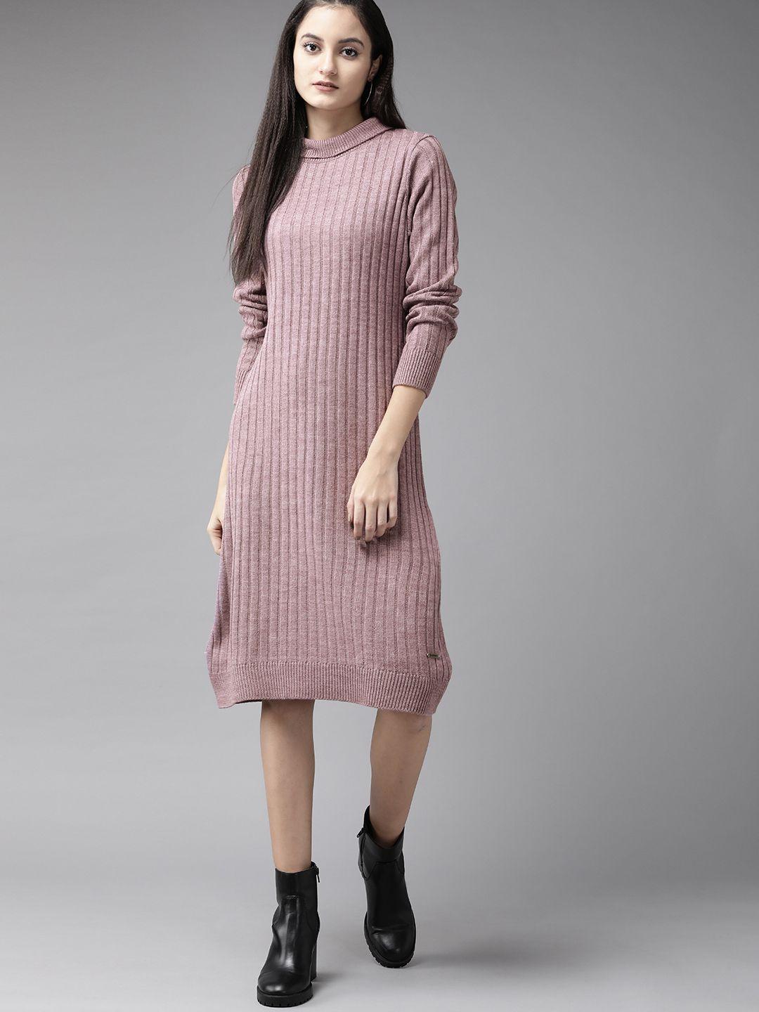 roadster women mauve self striped jumper dress