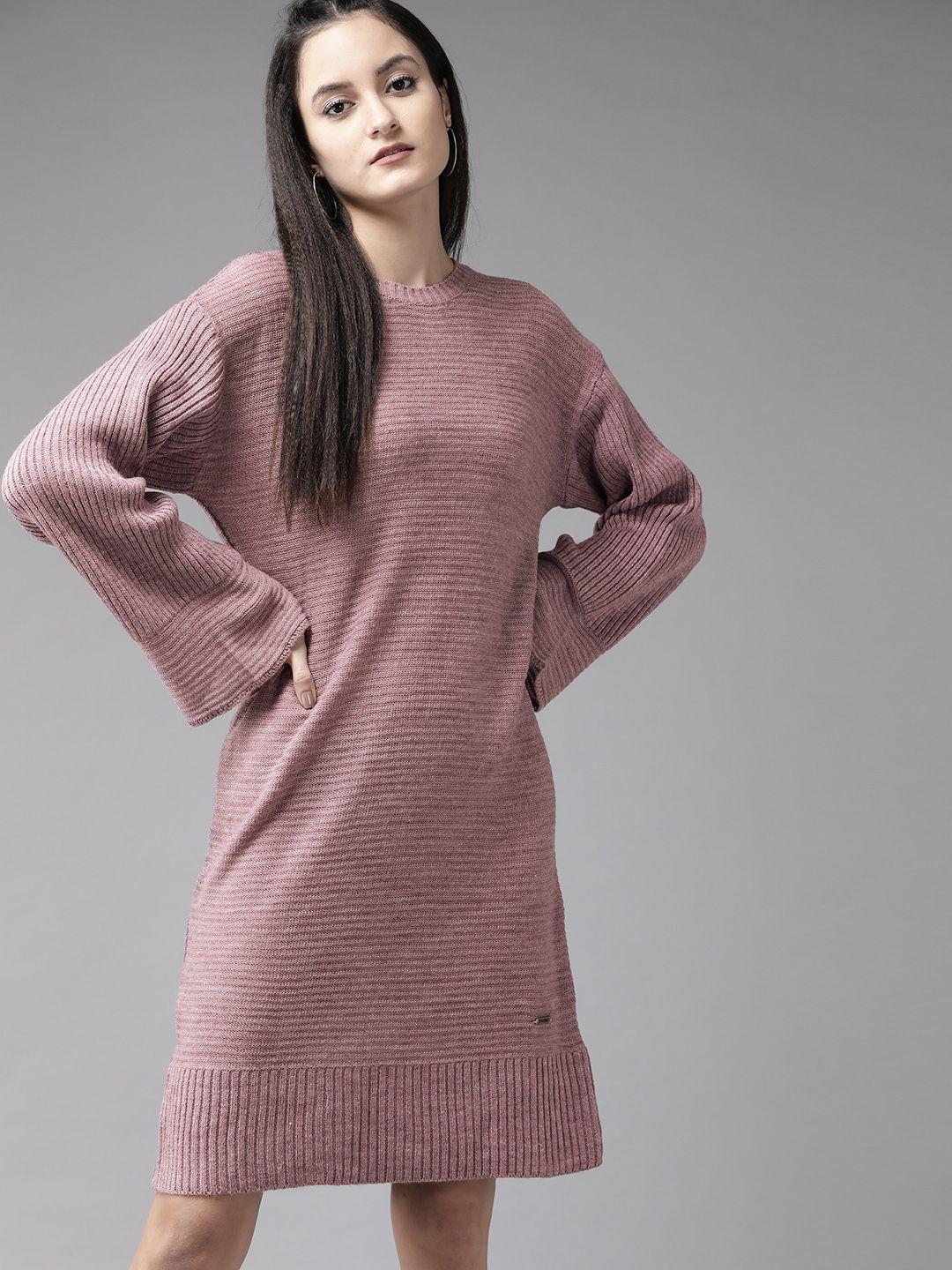 roadster women mauve self-striped jumper dress