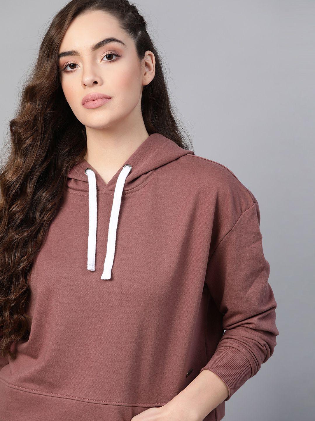 roadster women mauve solid cropped  hooded sweatshirt