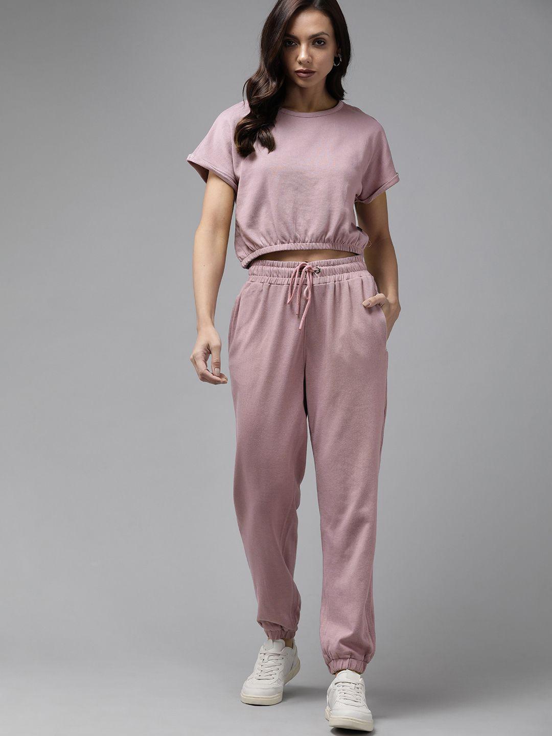 roadster women mauve solid cropped blouson top with relaxed joggers