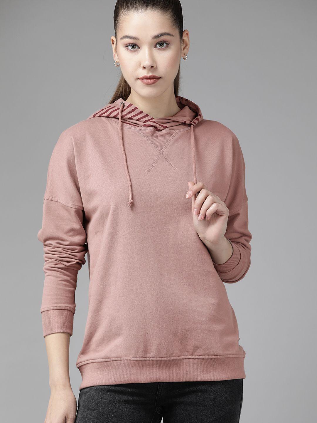 roadster women mauve solid pure cotton hooded sweatshirt