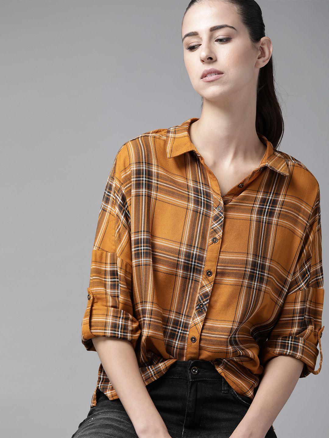 roadster women mustard & black tartan checked casual shirt