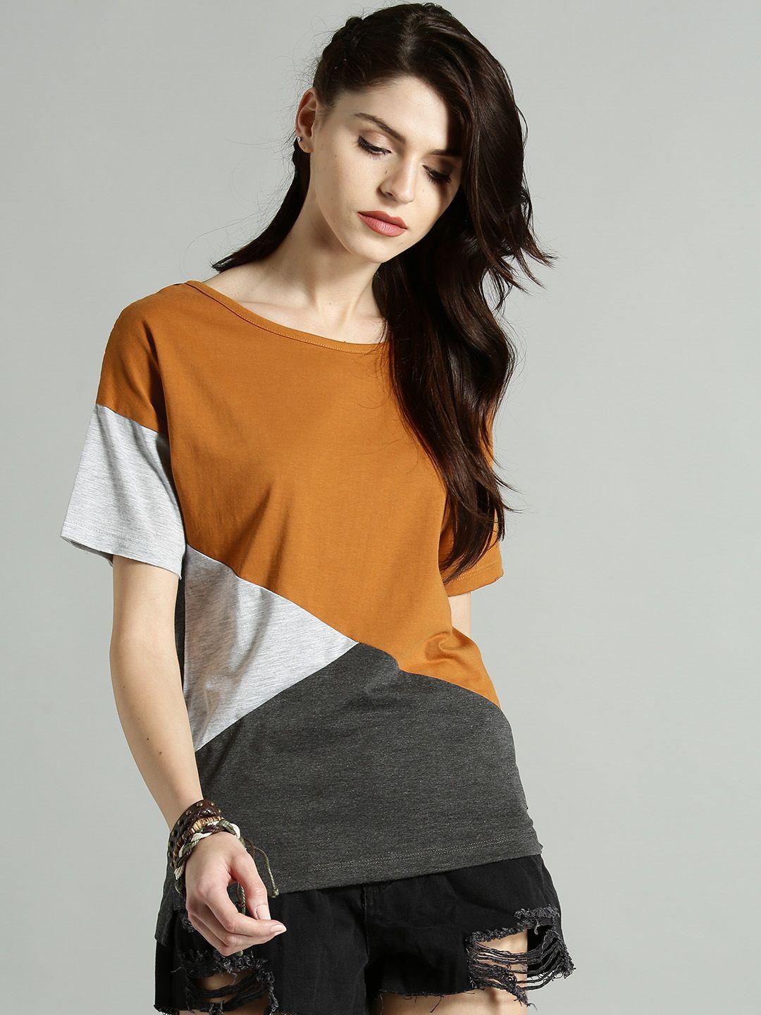 roadster women mustard brown & charcoal grey colourblocked round neck t-shirt