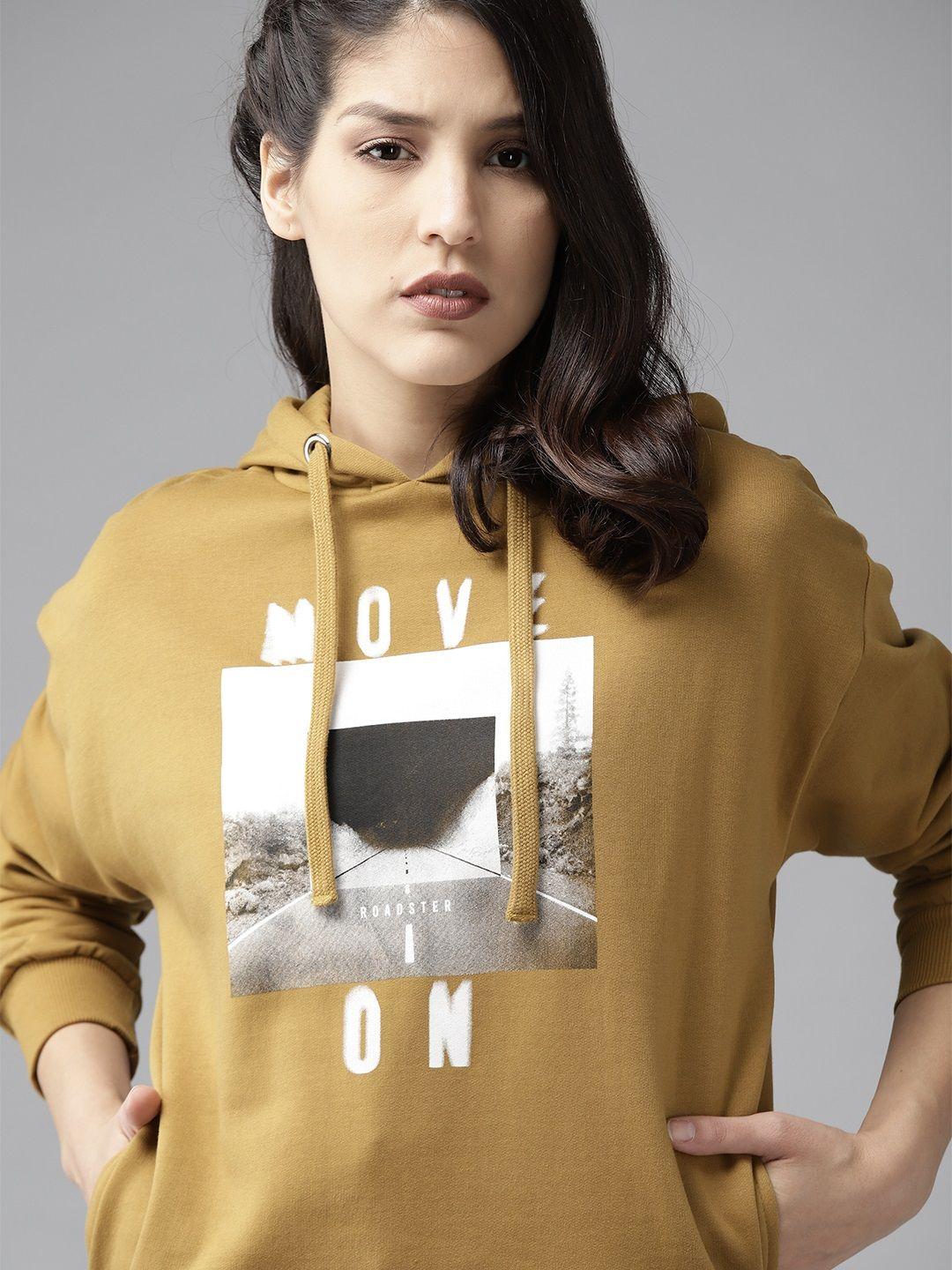 roadster women mustard brown & white printed hooded sweatshirt