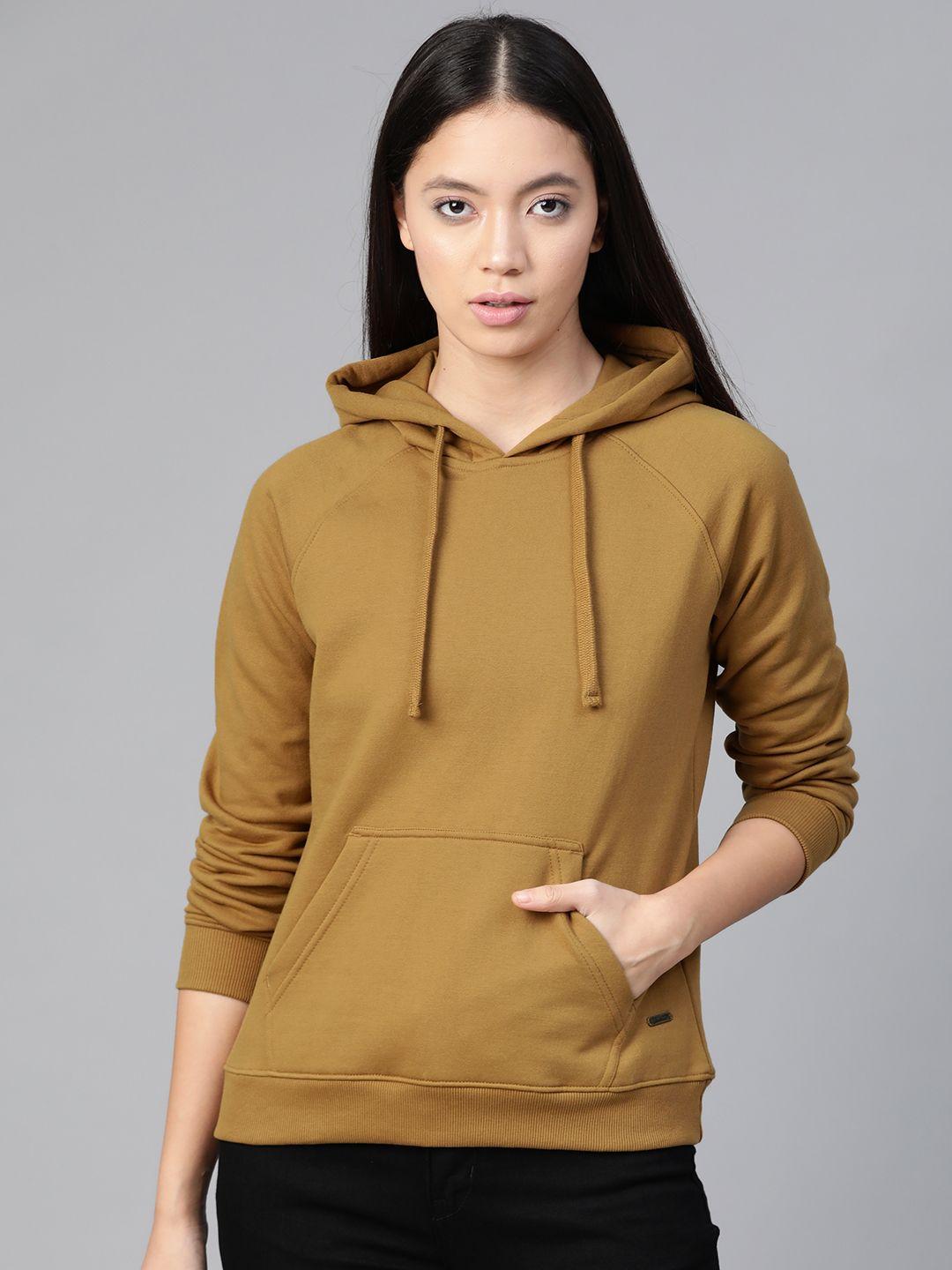 roadster women mustard brown fleece solid hooded sweatshirt