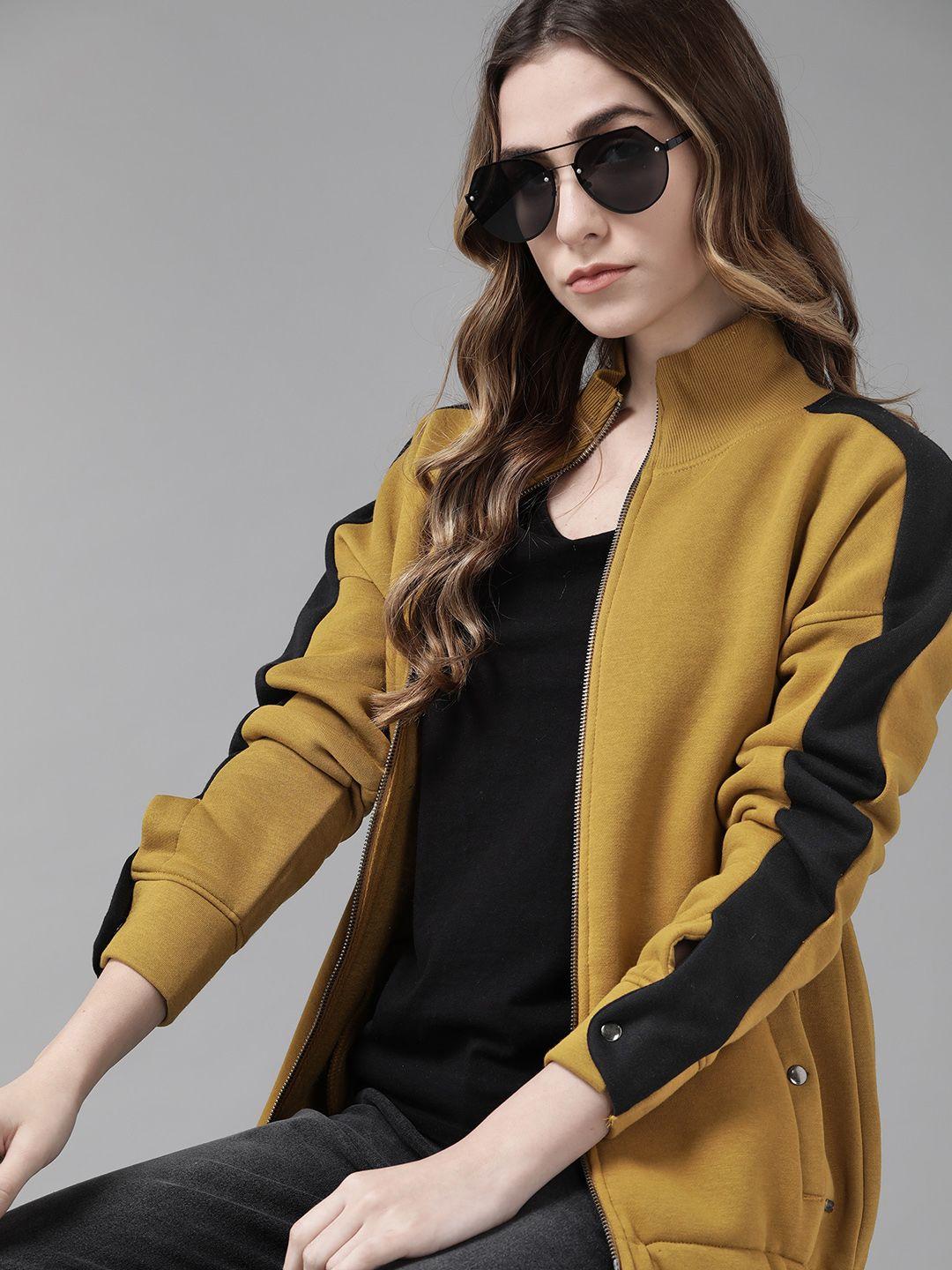 roadster women mustard yellow & black solid sweatshirt with contrast detailing