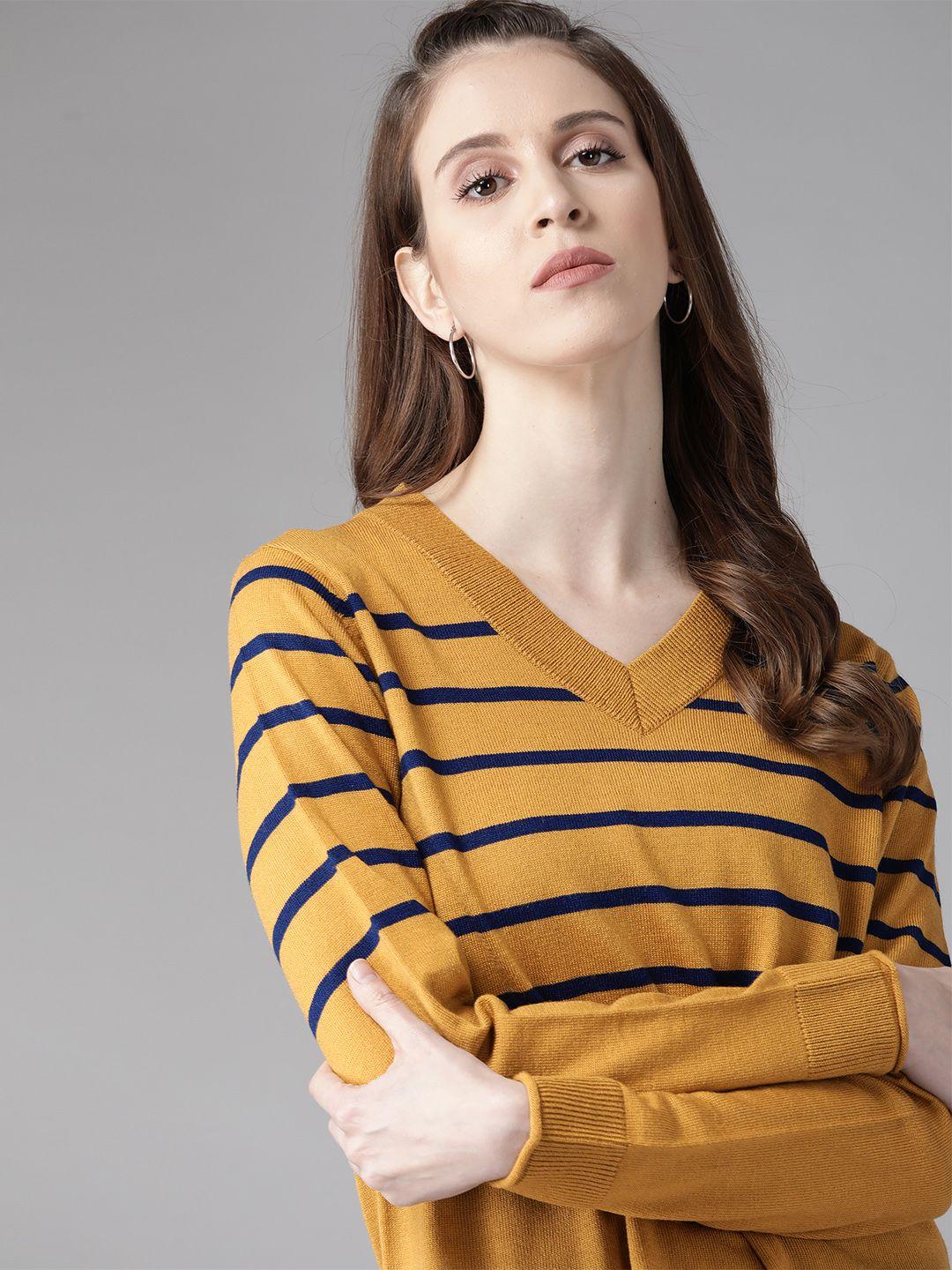 roadster women mustard yellow & navy blue striped pullover sweater