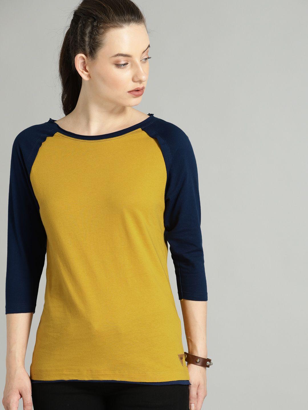 roadster women mustard yellow & navy colourblocked round neck t-shirt