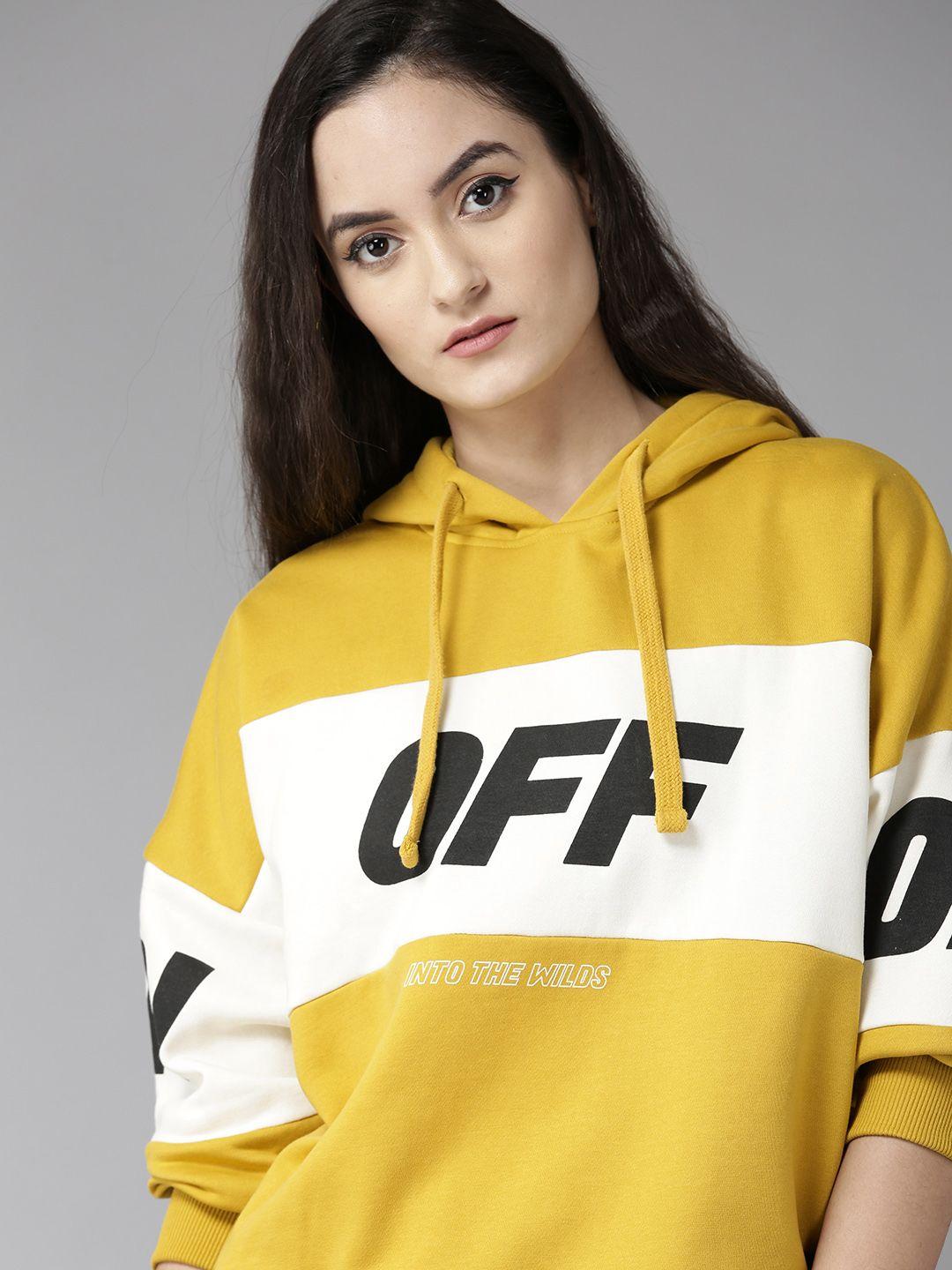 roadster women mustard yellow & white colourblocked hooded sweatshirt