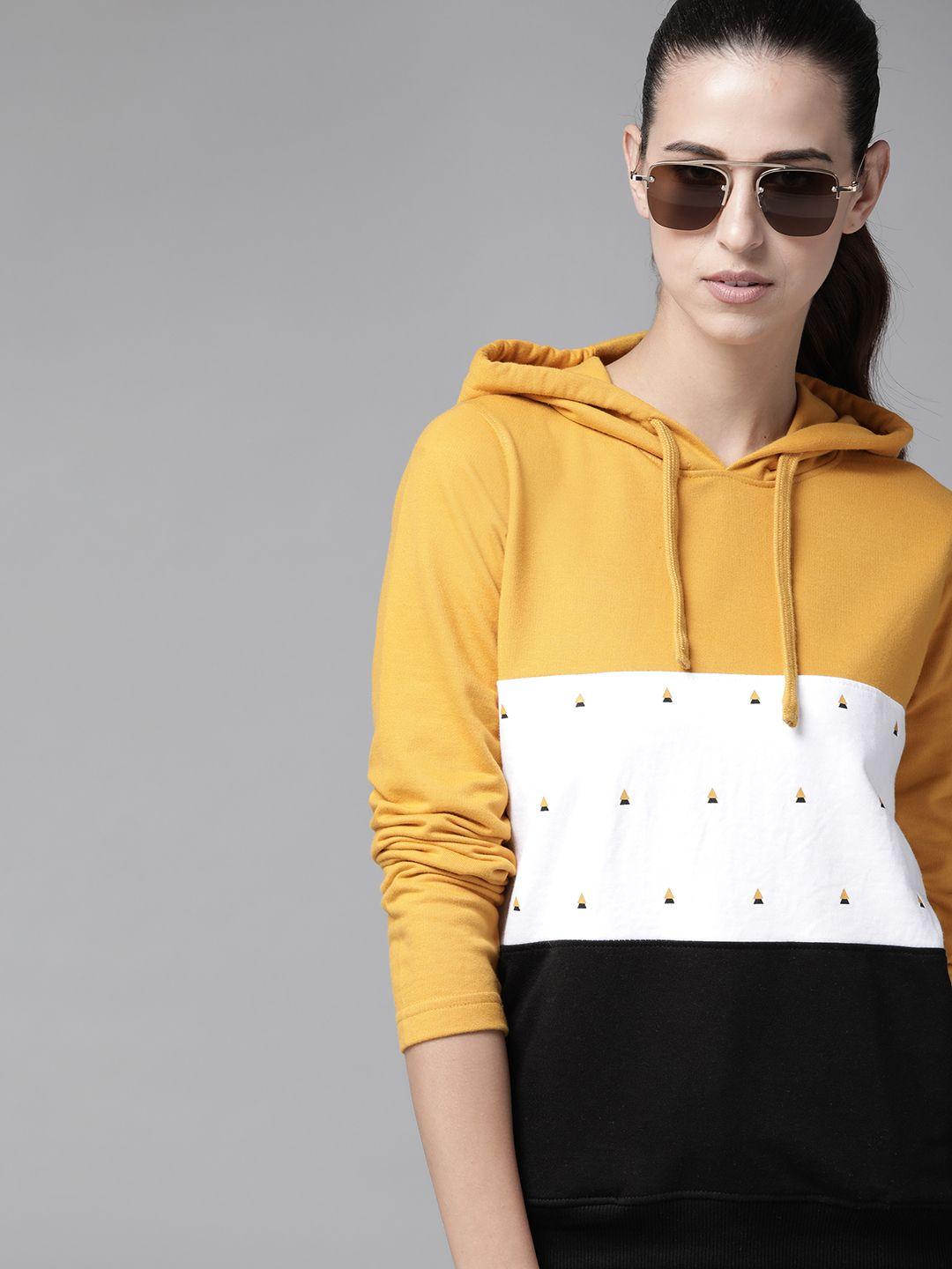 roadster women mustard yellow & white colourblocked hooded sweatshirt