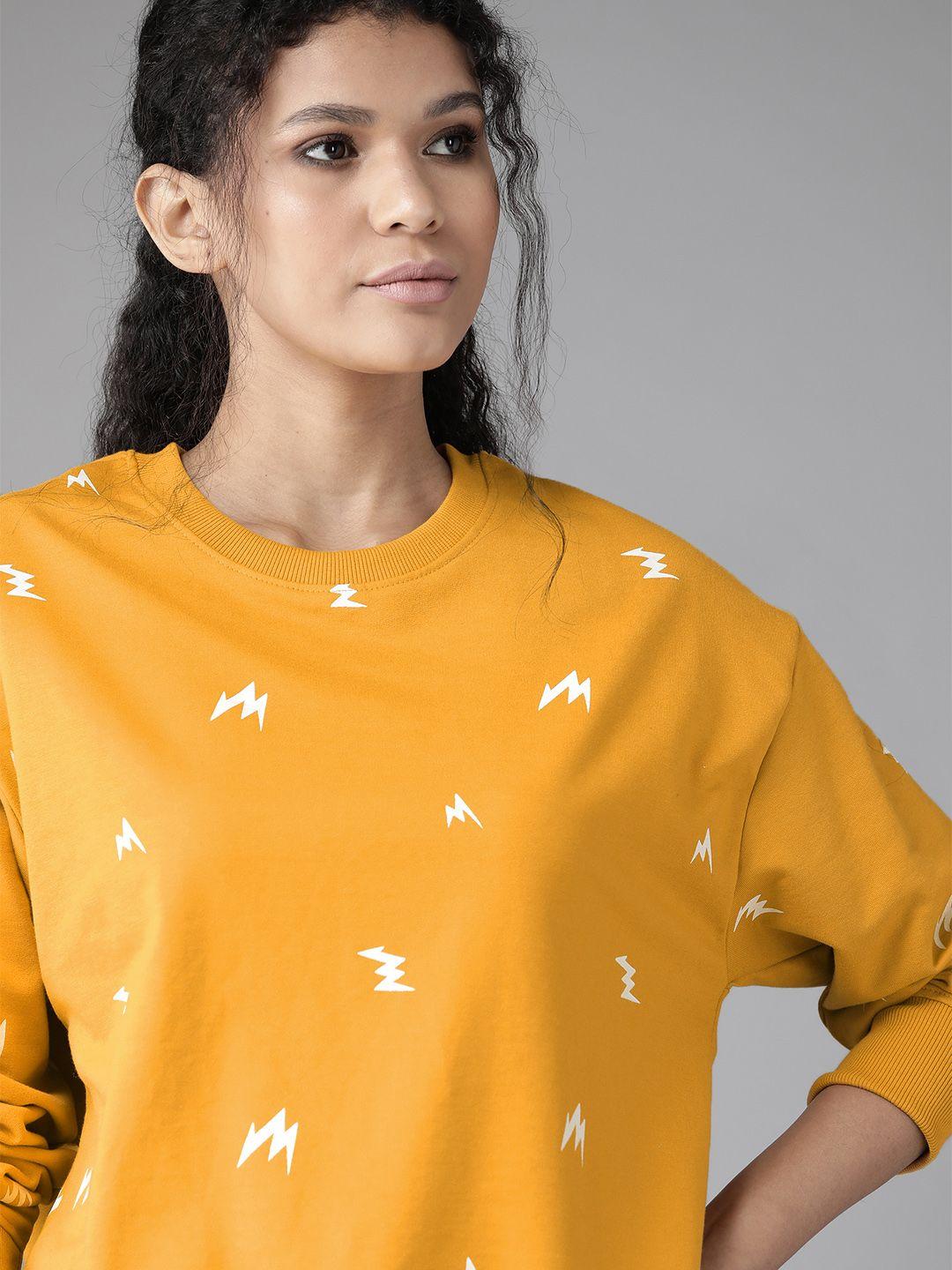 roadster women mustard yellow & white printed sweatshirt