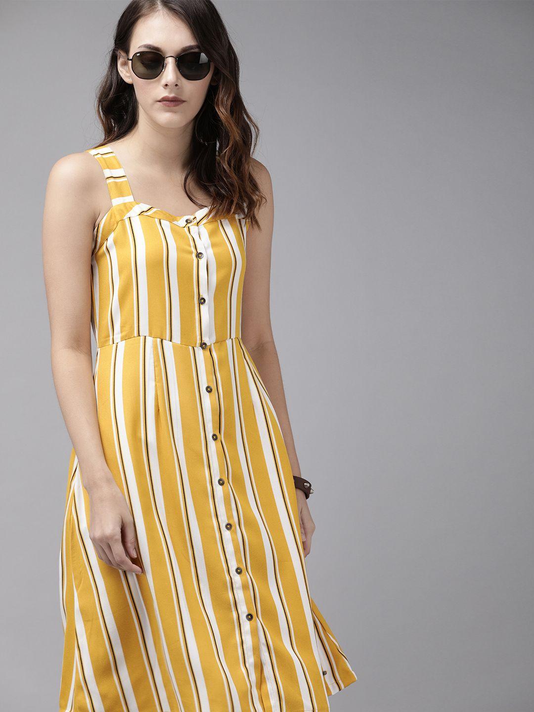 roadster women mustard yellow & white striped a-line dress